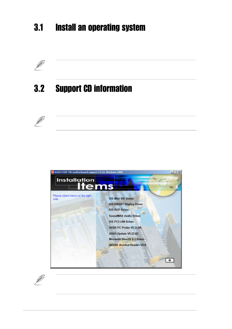 1 install an operating system, 2 support cd information, 1 running the support cd | Asus P4SP-MX User Manual | Page 62 / 64