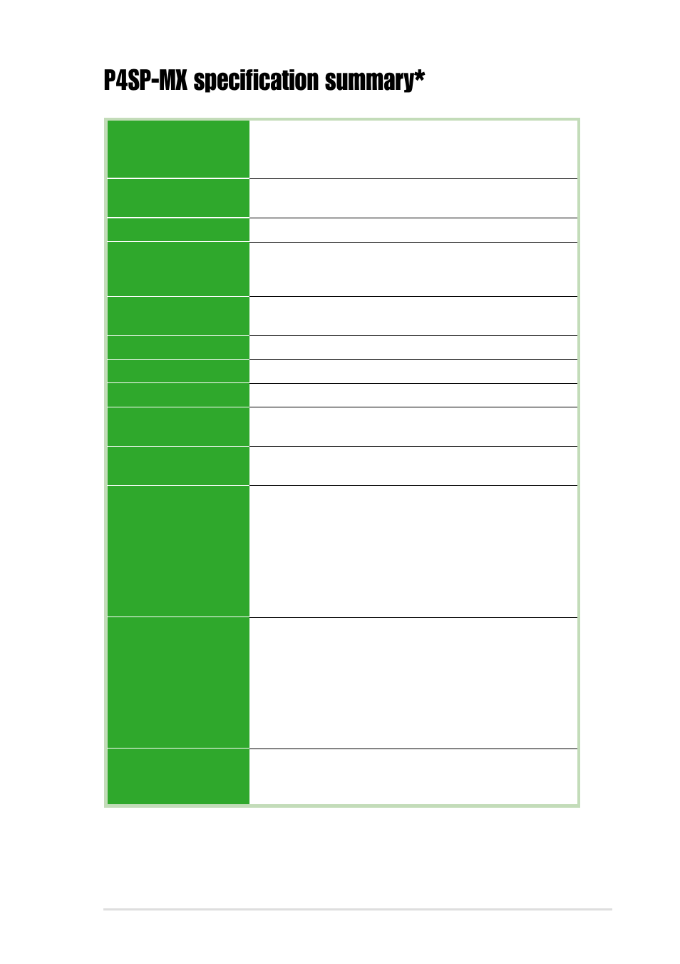 P4sp-mx specification summary | Asus P4SP-MX User Manual | Page 7 / 64