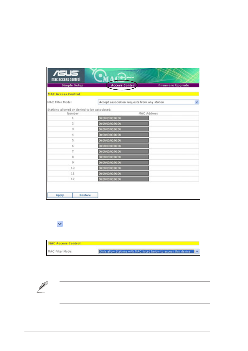 Access control page | Asus 54Mbps Pocket Wireless Access Point WL-330g User Manual | Page 42 / 70