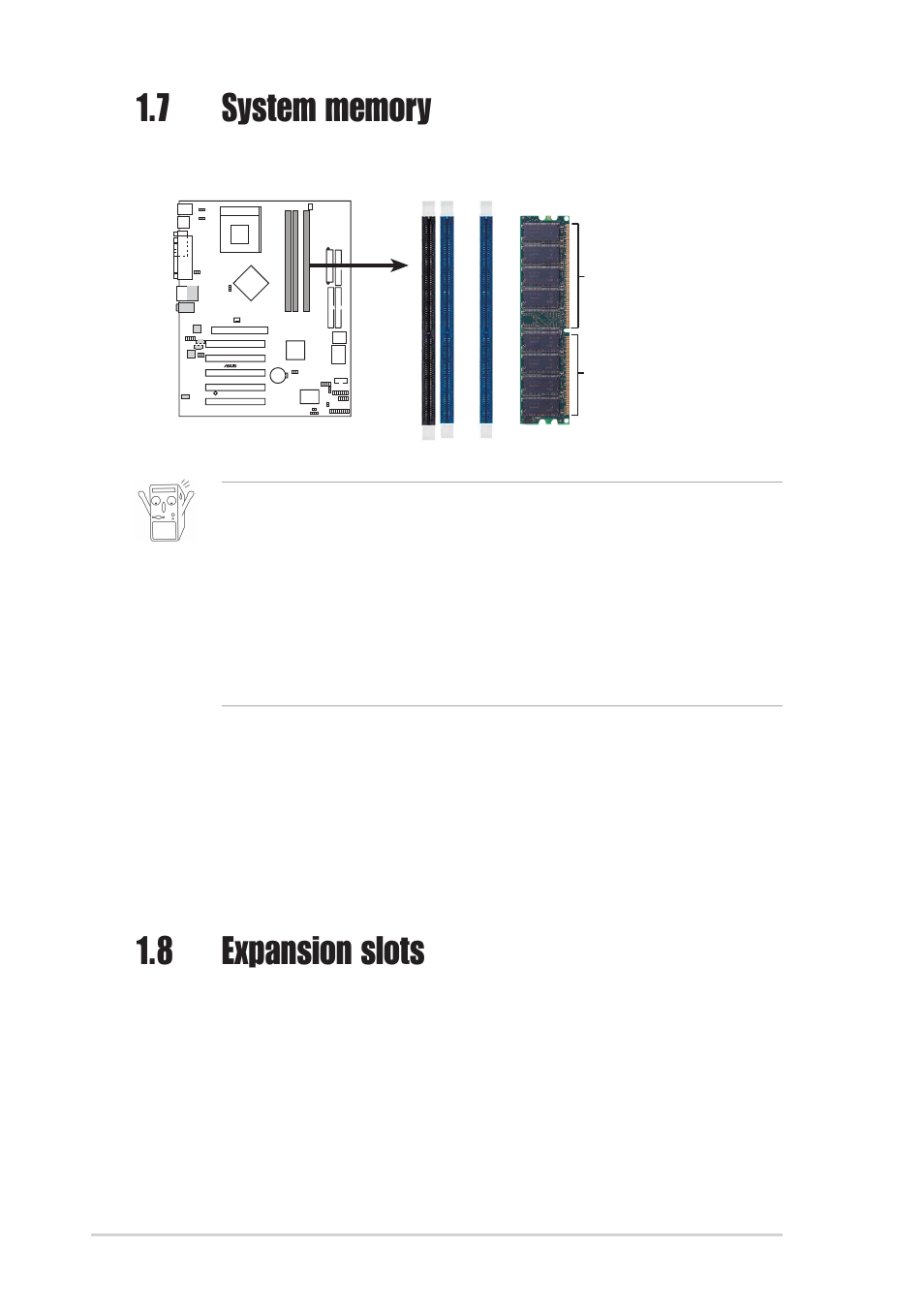 8 expansion slots, 1 configuring an expansion card, 1 installing a dimm | Asus A7N8X-X User Manual | Page 18 / 60