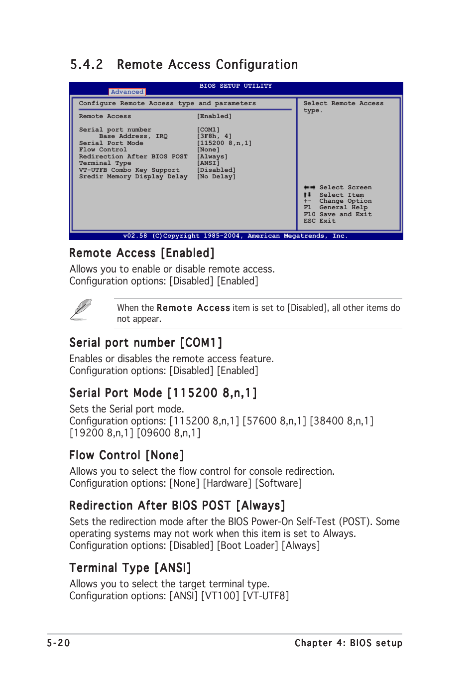 Remote access [enabled, Serial port number [com1, Flow control [none | Redirection after bios post [always, Terminal type [ansi | Asus TS300-E3 User Manual | Page 106 / 200