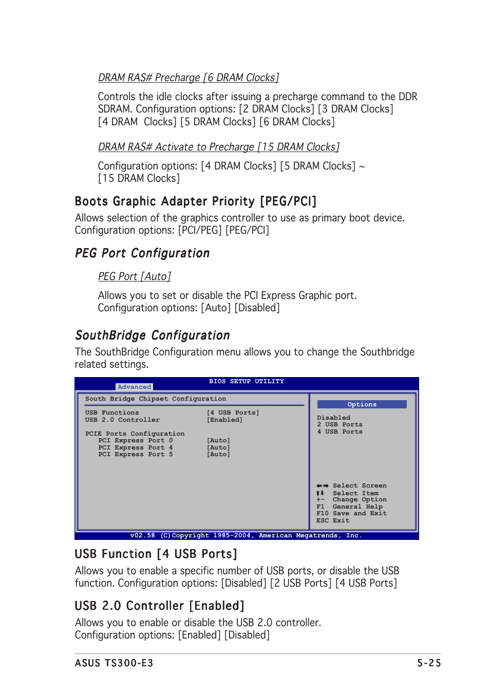 Boots graphic adapter priority [peg/pci, Peg port configuration, Southbridge configuration | Usb function [4 usb ports, Usb 2.0 controller [enabled | Asus TS300-E3 User Manual | Page 111 / 200