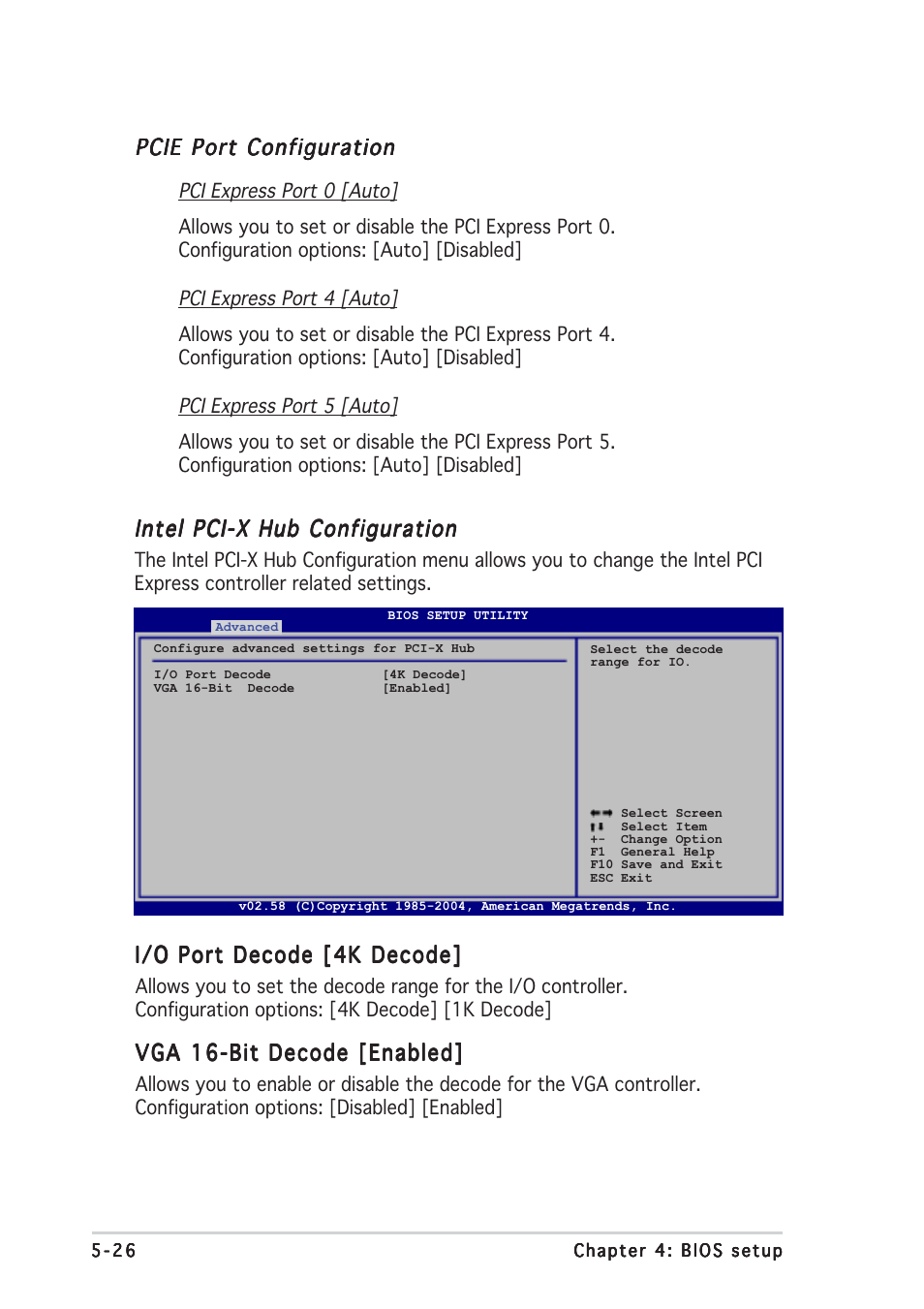 Pcie port configuration, Intel pci-x hub configuration, I/o port decode [4k decode | Vga 16-bit decode [enabled | Asus TS300-E3 User Manual | Page 112 / 200