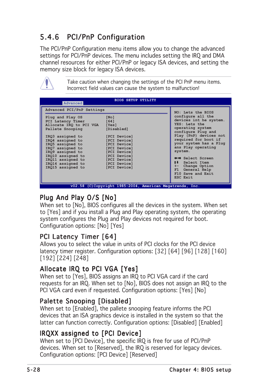 Plug and play o/s [no, Pci latency timer [64, Allocate irq to pci vga [yes | Palette snooping [disabled, Irqxx assigned to [pci device | Asus TS300-E3 User Manual | Page 114 / 200