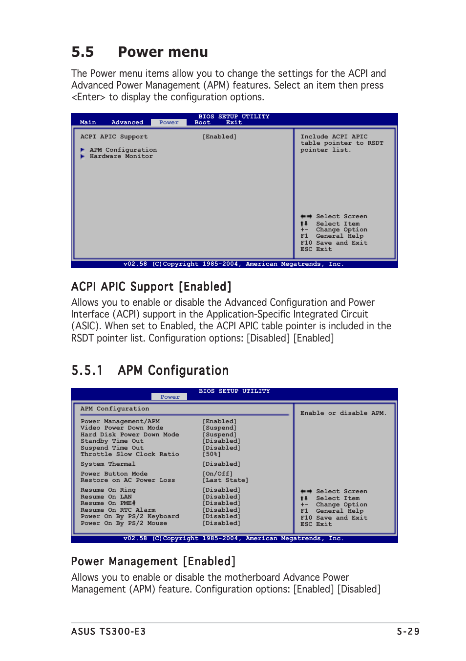 5 power menu, Acpi apic support [enabled, Power management [enabled | Asus TS300-E3 User Manual | Page 115 / 200