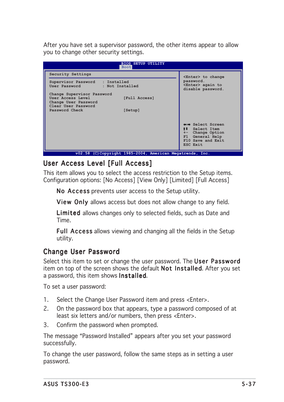 User access level [full access, Change user password | Asus TS300-E3 User Manual | Page 123 / 200