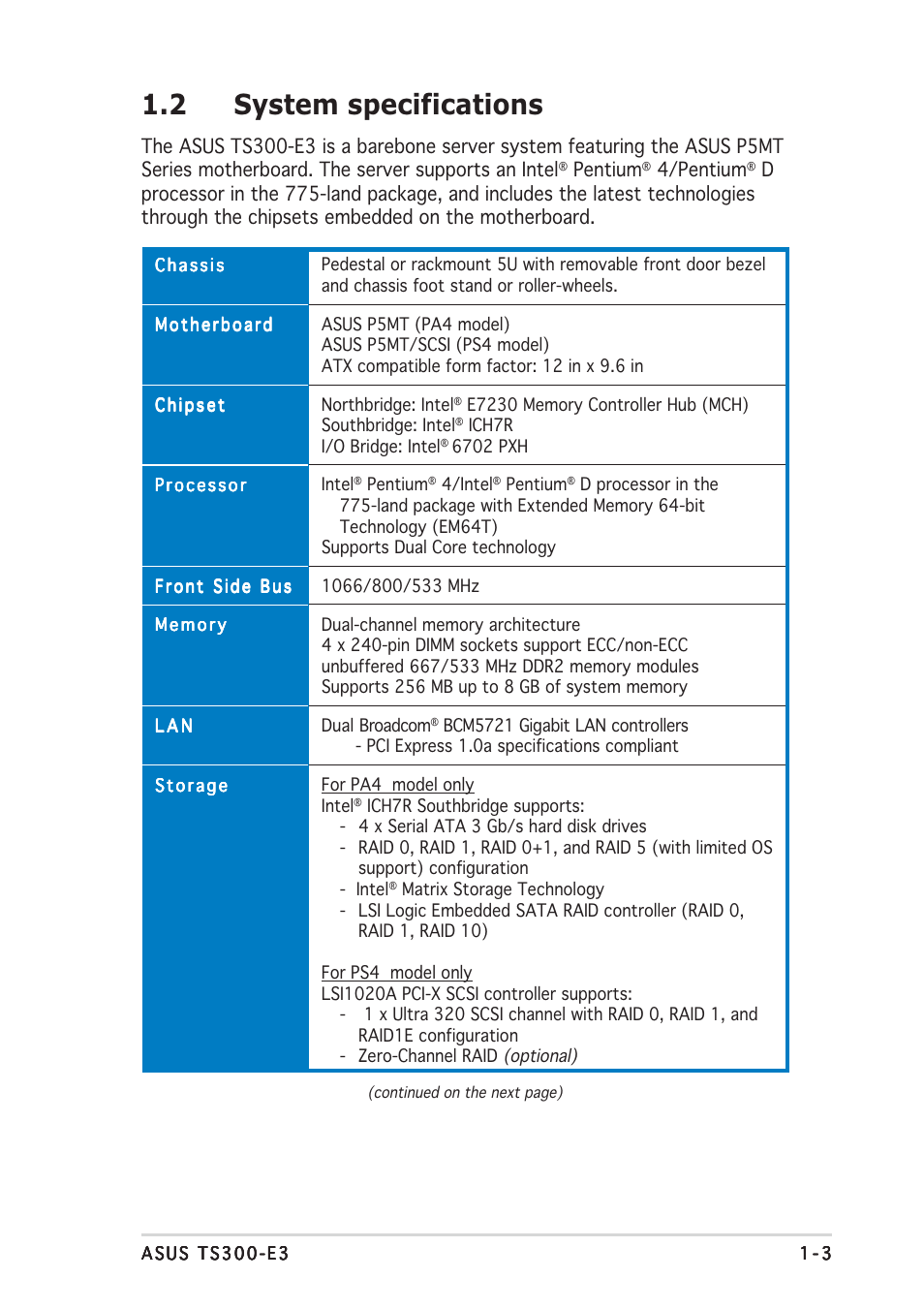 2 system specifications, Pentium, 4/pentium | Asus TS300-E3 User Manual | Page 13 / 200