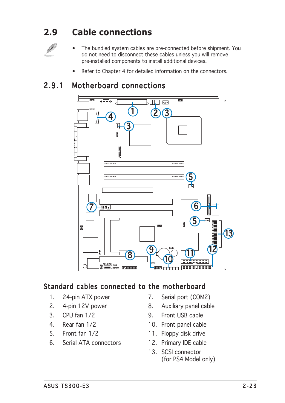 9 cable connections, Standard cables connected to the motherboard | Asus TS300-E3 User Manual | Page 43 / 200