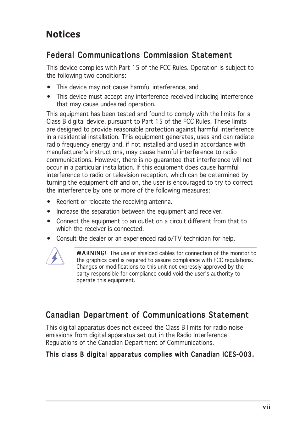 Notices, Federal communications commission statement, Canadian department of communications statement | Asus TS300-E3 User Manual | Page 7 / 200