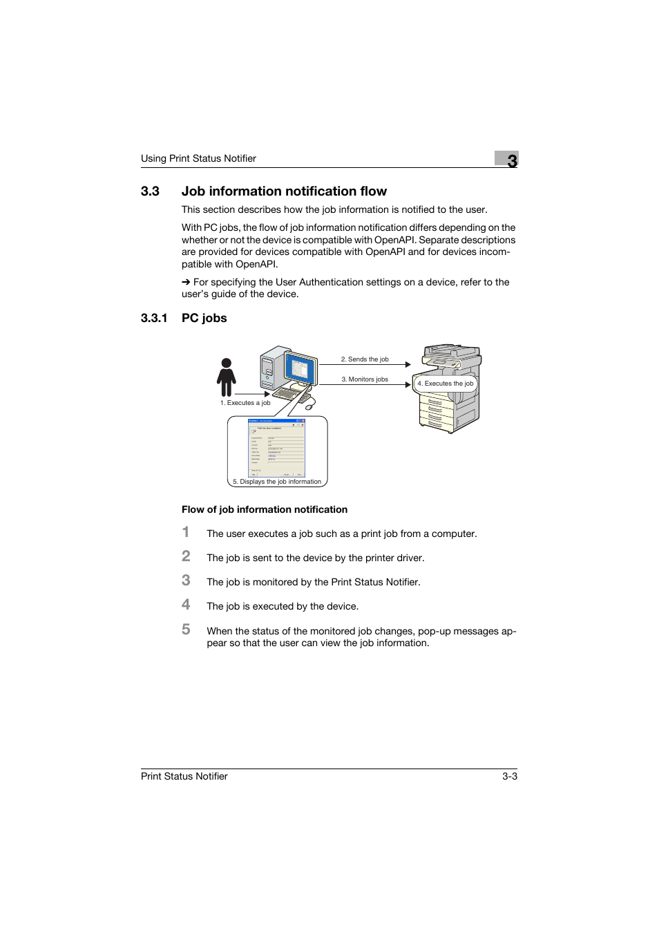 3 job information notification flow, 1 pc jobs, Flow of job information notification | Job information notification flow -3, Pc jobs -3 flow of job information notification -3 | Konica Minolta Print Status Notifier User Manual | Page 10 / 42