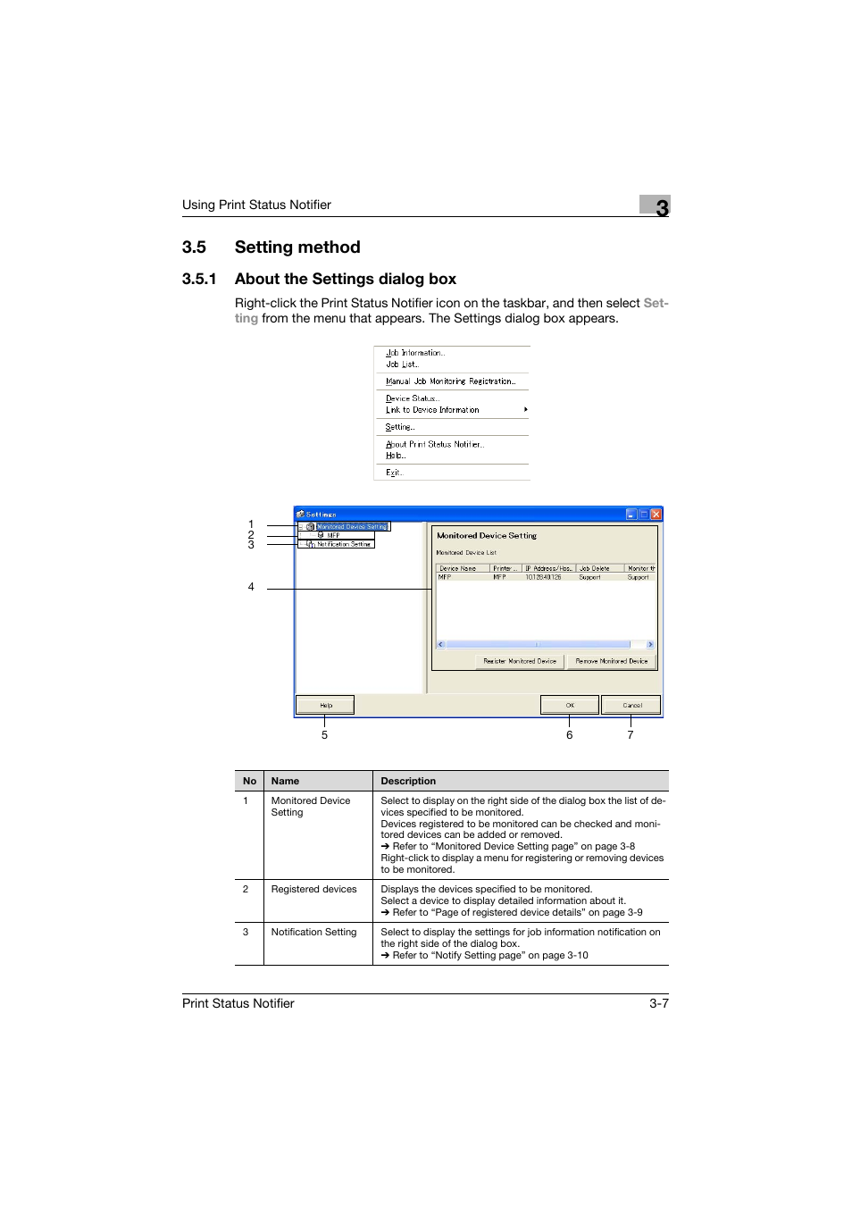 5 setting method, 1 about the settings dialog box, Setting method -7 | About the settings dialog box -7 | Konica Minolta Print Status Notifier User Manual | Page 14 / 42
