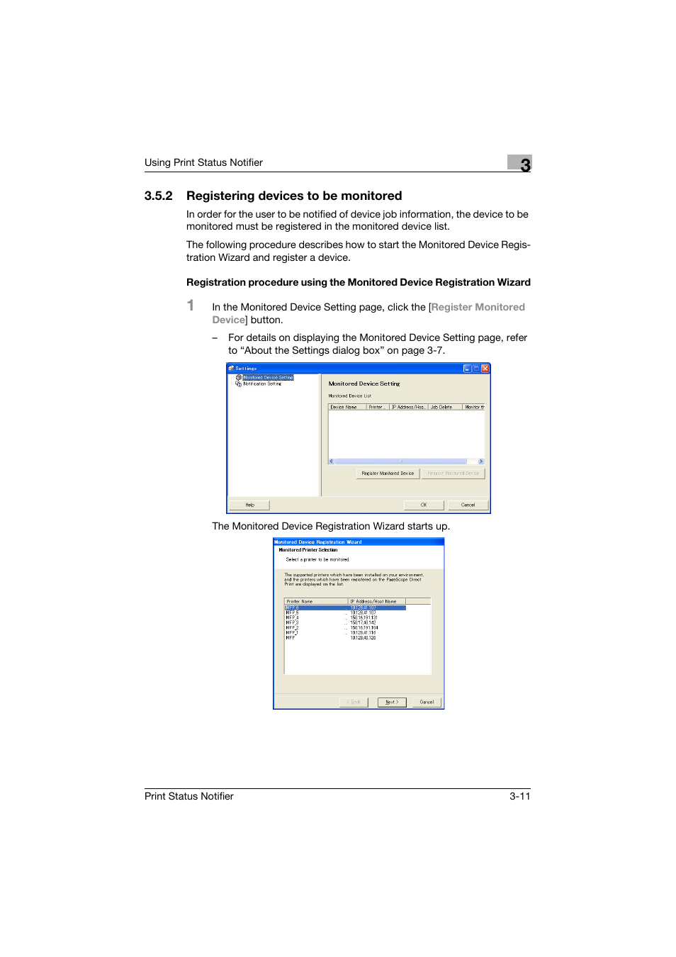 2 registering devices to be monitored | Konica Minolta Print Status Notifier User Manual | Page 18 / 42