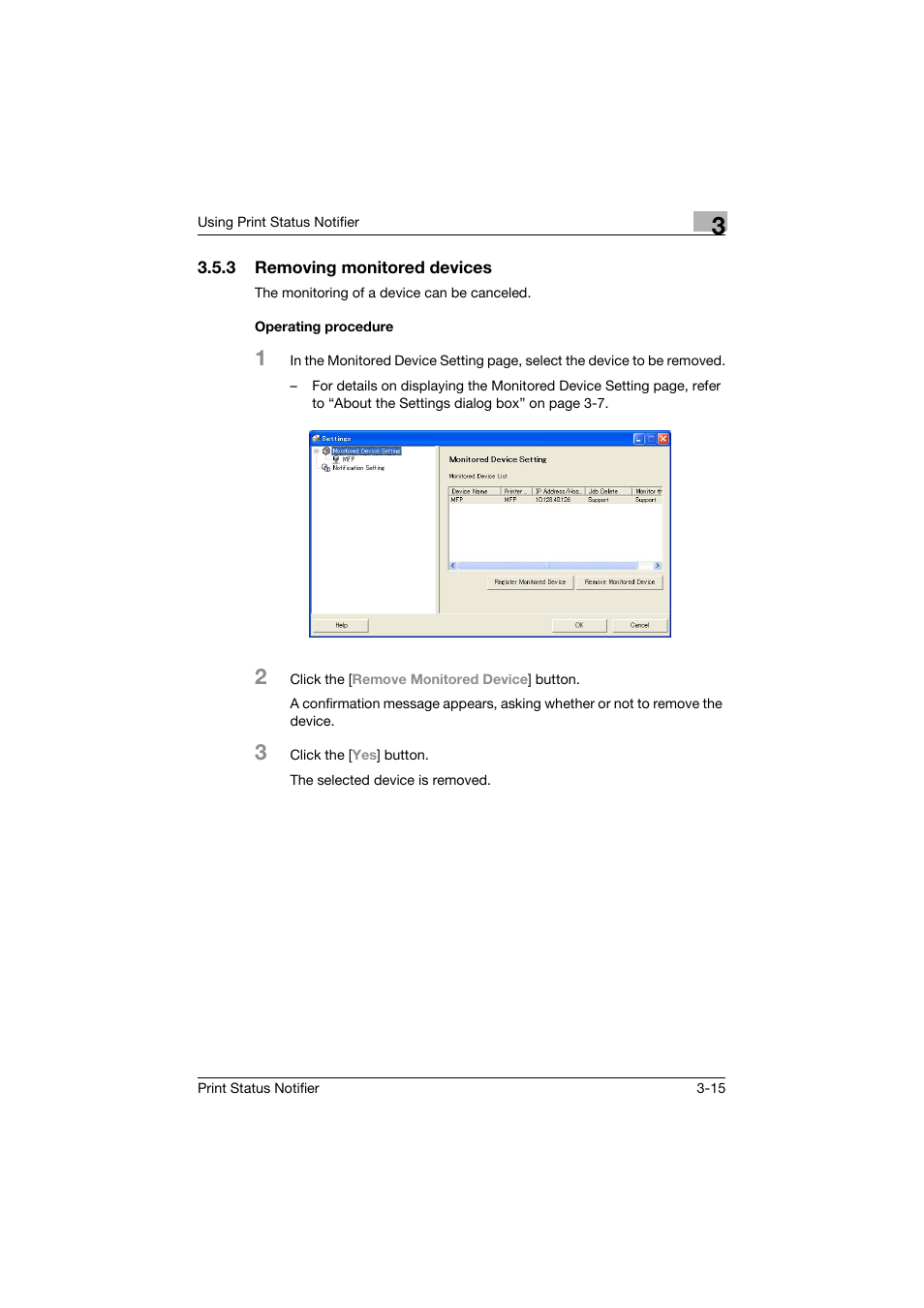 3 removing monitored devices, Operating procedure | Konica Minolta Print Status Notifier User Manual | Page 22 / 42