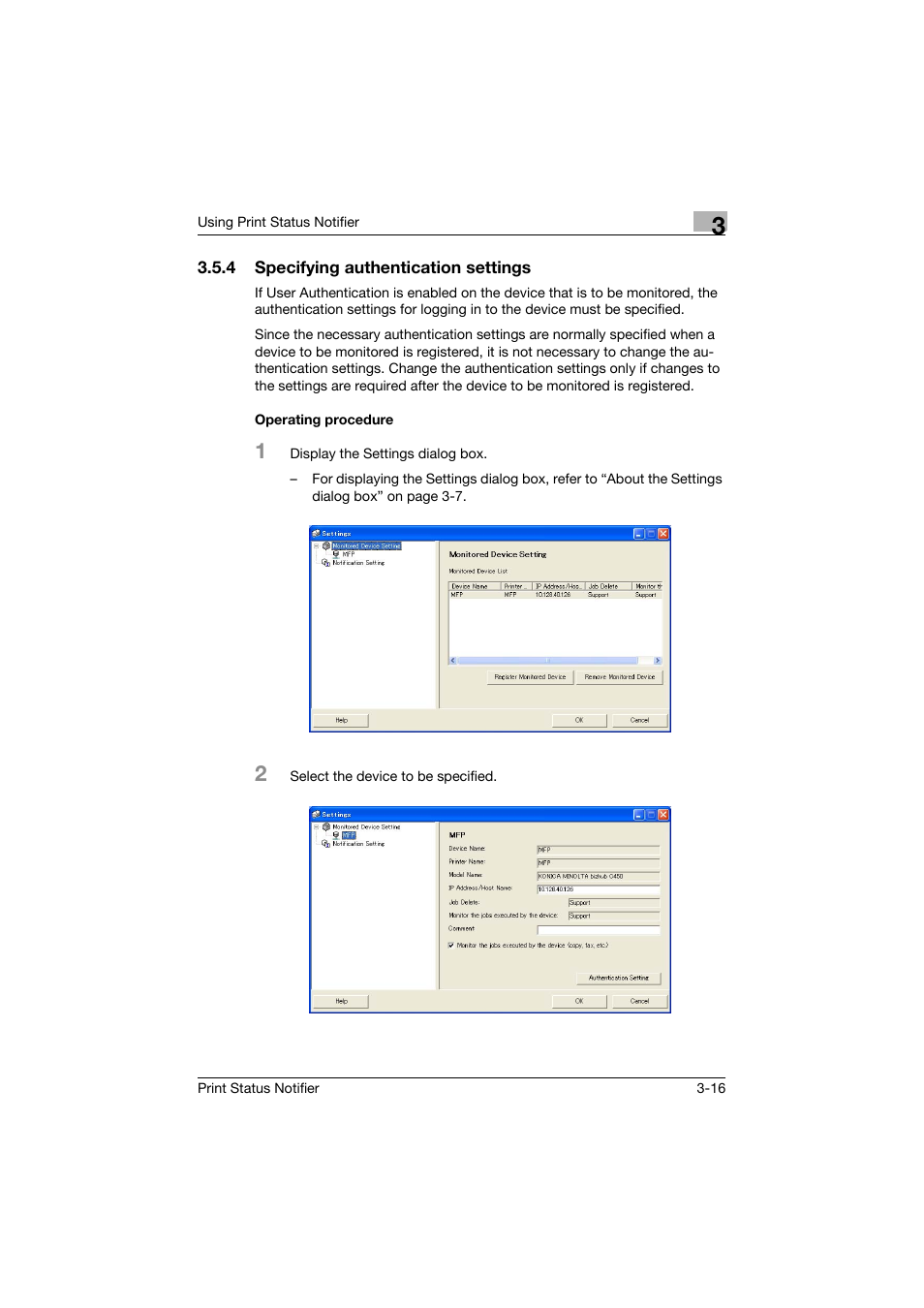 4 specifying authentication settings, Operating procedure | Konica Minolta Print Status Notifier User Manual | Page 23 / 42