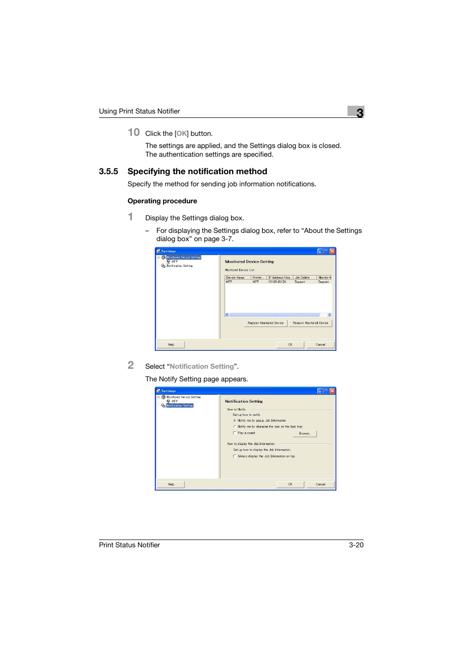 5 specifying the notification method, Operating procedure | Konica Minolta Print Status Notifier User Manual | Page 27 / 42