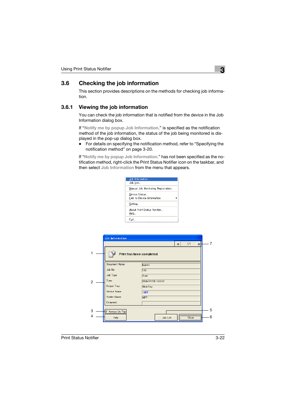 6 checking the job information, 1 viewing the job information, Checking the job information -22 | Viewing the job information -22 | Konica Minolta Print Status Notifier User Manual | Page 29 / 42