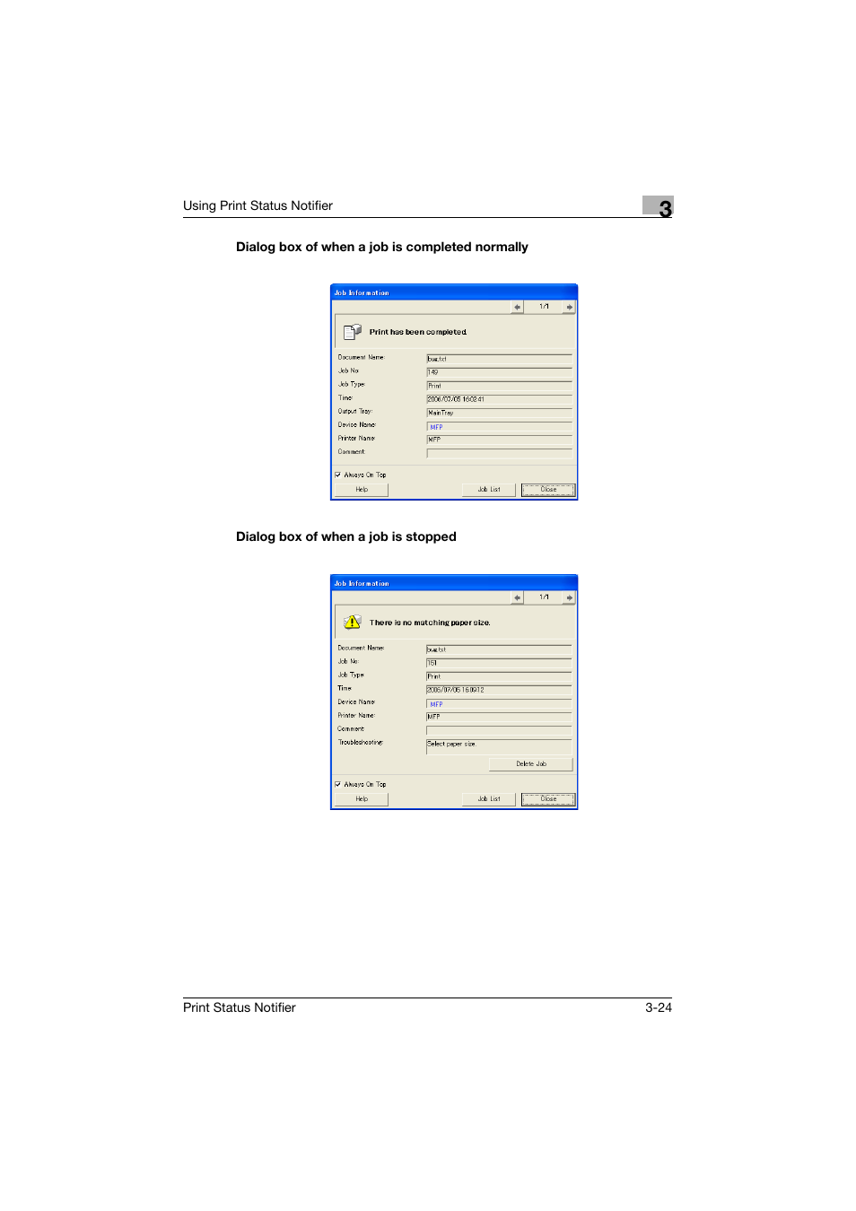 Dialog box of when a job is completed normally, Dialog box of when a job is stopped | Konica Minolta Print Status Notifier User Manual | Page 31 / 42