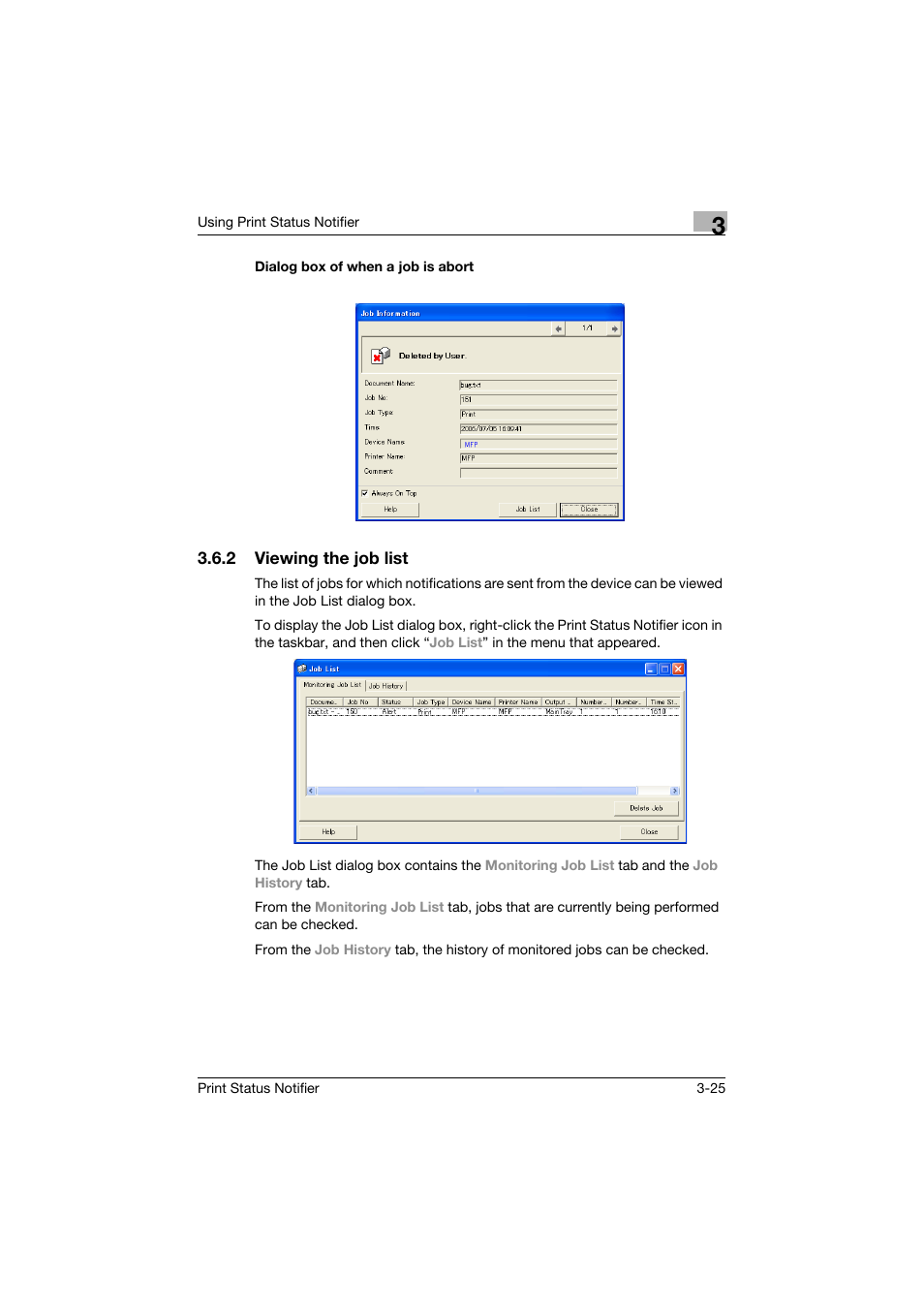 Dialog box of when a job is abort, 2 viewing the job list, Dialog box of when a job is abort -25 | Viewing the job list -25 | Konica Minolta Print Status Notifier User Manual | Page 32 / 42