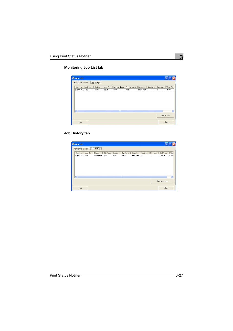 Monitoring job list tab, Job history tab, Monitoring job list tab -27 job history tab -27 | Konica Minolta Print Status Notifier User Manual | Page 34 / 42