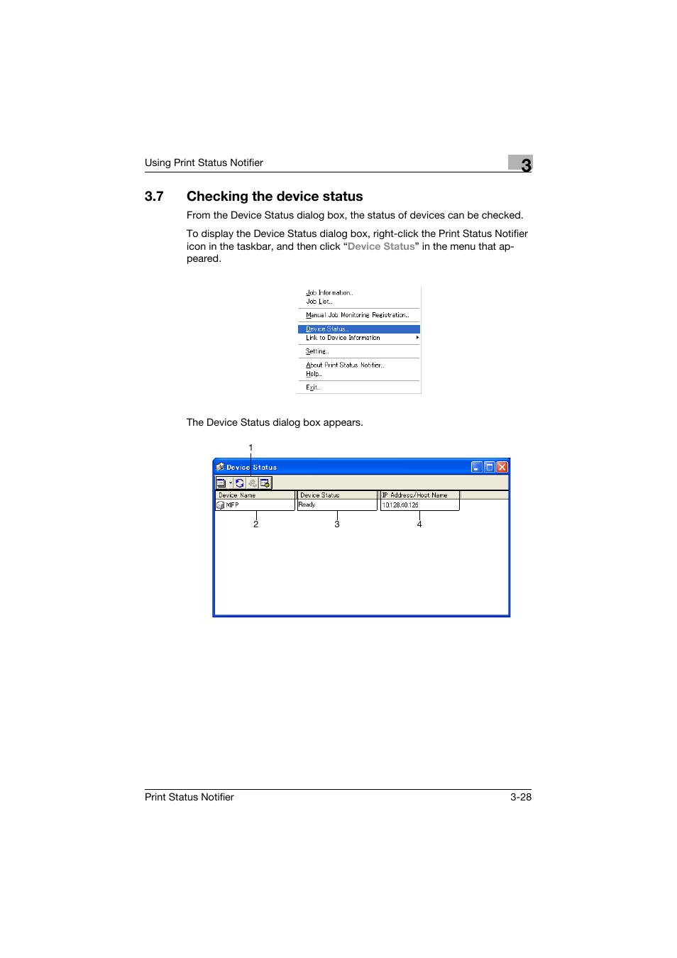 7 checking the device status, Checking the device status -28 | Konica Minolta Print Status Notifier User Manual | Page 35 / 42