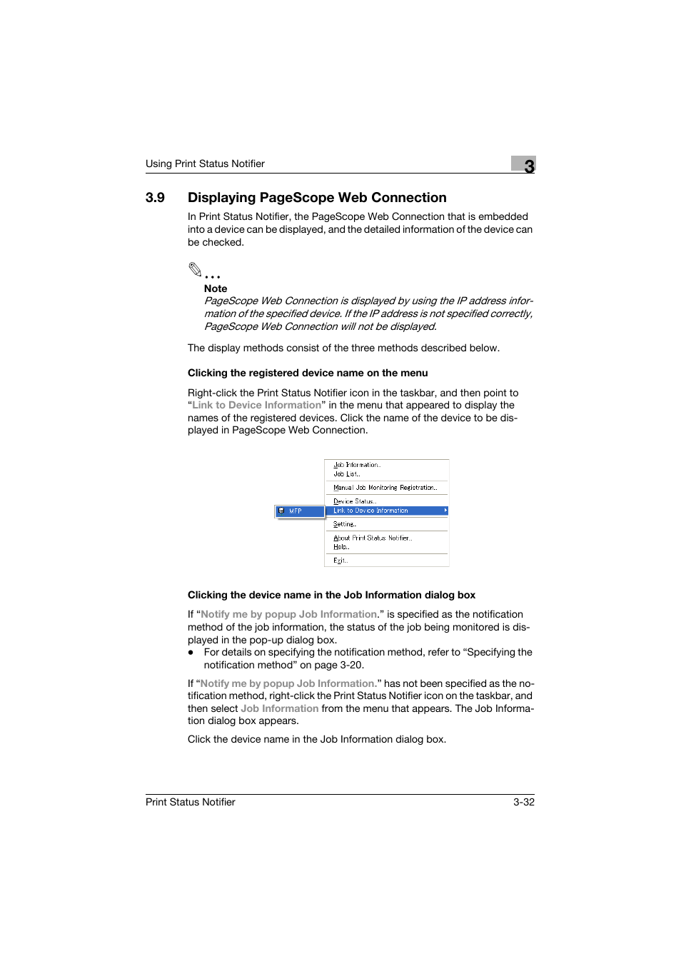 Clicking the registered device name on the menu, 9 displaying pagescope web connection | Konica Minolta Print Status Notifier User Manual | Page 39 / 42