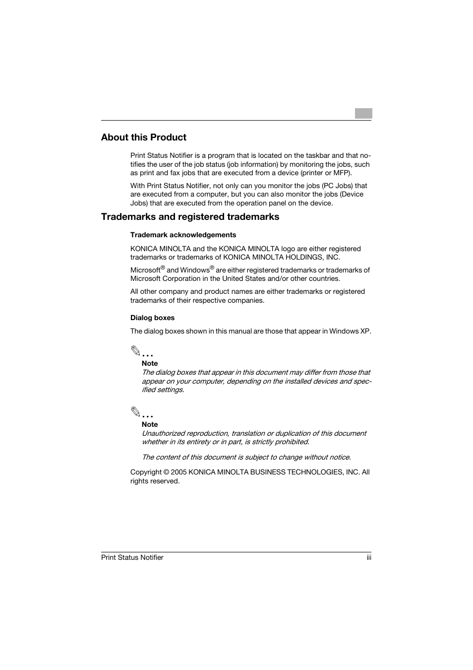 About this product, Trademarks and registered trademarks | Konica Minolta Print Status Notifier User Manual | Page 4 / 42