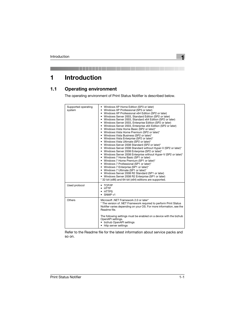 1 introduction, 1 operating environment, Introduction | Operating environment -1, 1introduction | Konica Minolta Print Status Notifier User Manual | Page 5 / 42
