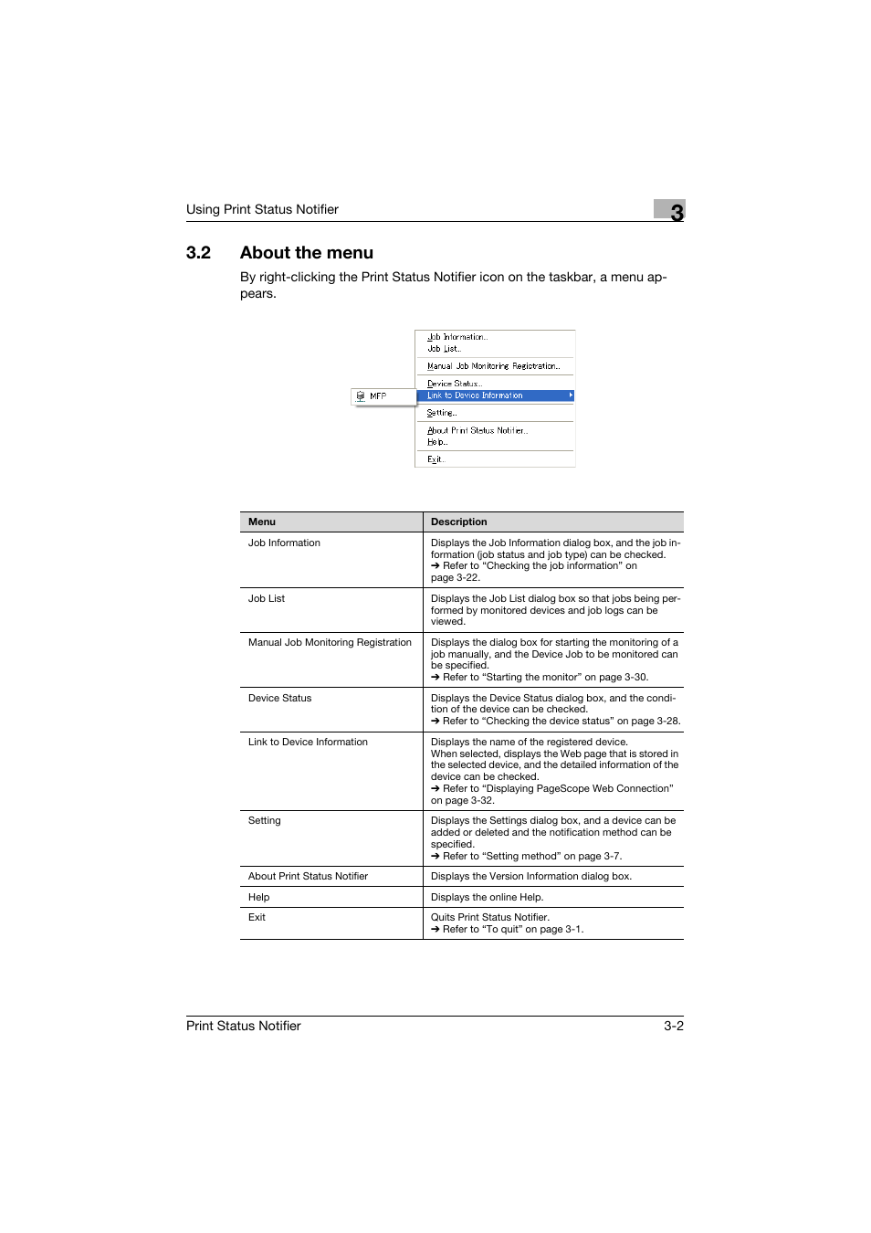 2 about the menu, About the menu -2 | Konica Minolta Print Status Notifier User Manual | Page 9 / 42