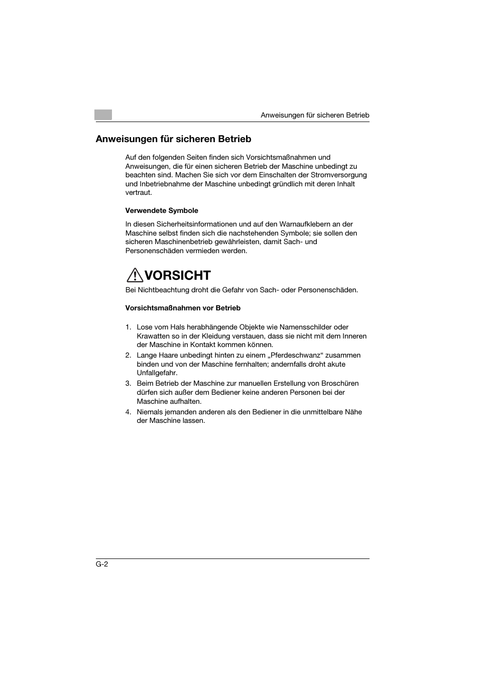 Anweisungen für sicheren betrieb, Verwendete symbole, Vorsichtsmaßnahmen vor betrieb | Vorsicht | Konica Minolta bizhub PRO 2500P User Manual | Page 20 / 28
