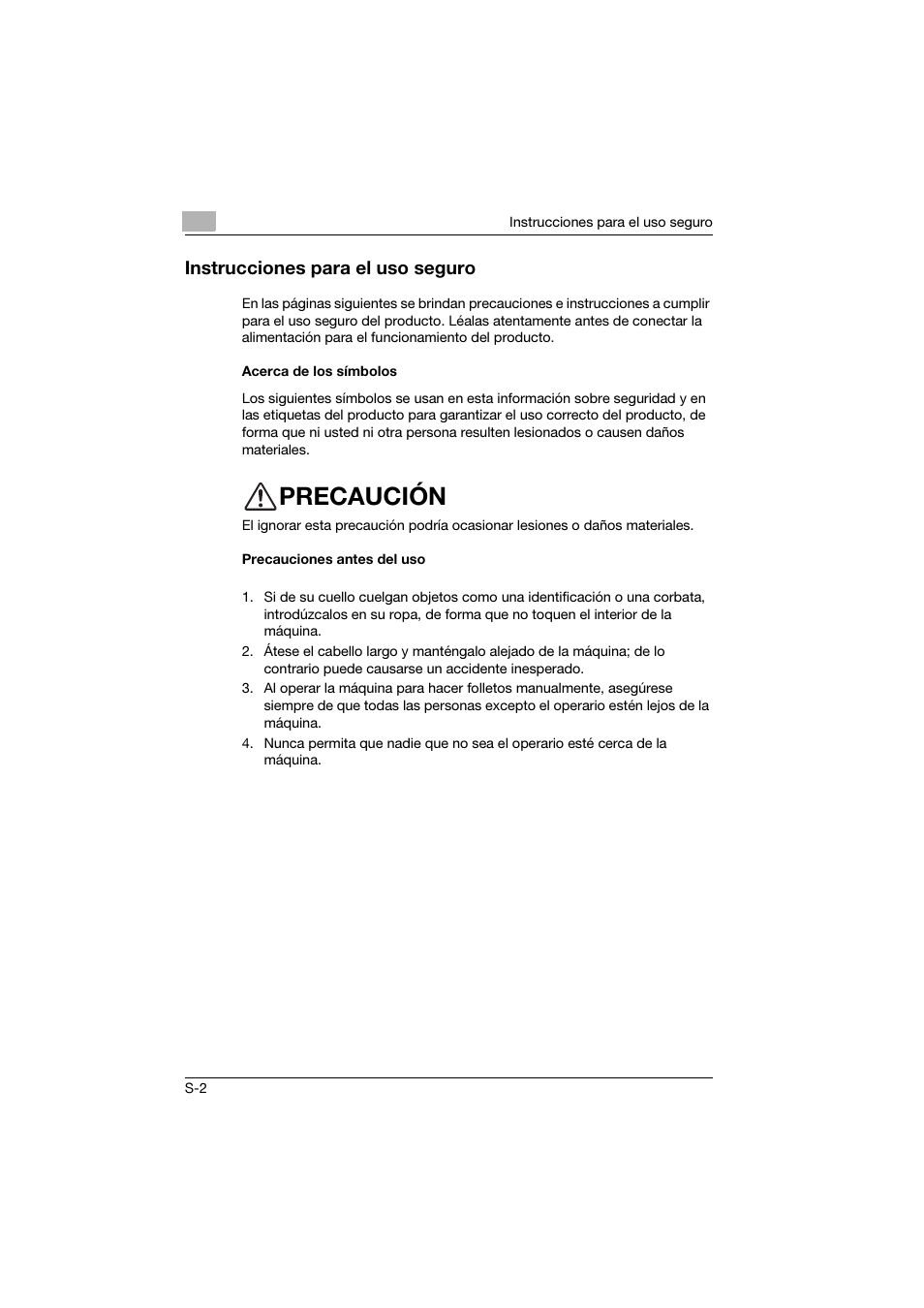 Instrucciones para el uso seguro, Acerca de los símbolos, Precauciones antes del uso | Precaución | Konica Minolta bizhub PRO 2500P User Manual | Page 24 / 28