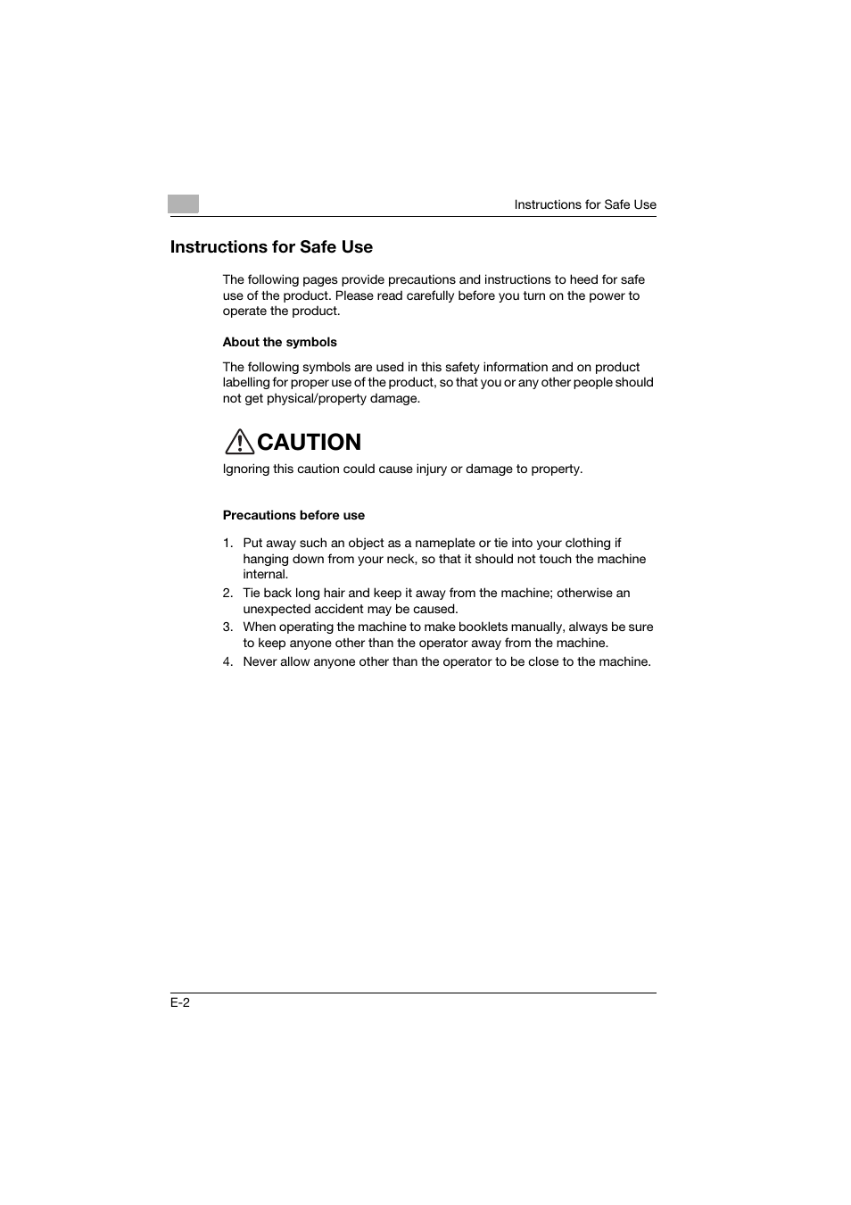 Instructions for safe use, About the symbols, Precautions before use | Caution | Konica Minolta bizhub PRO 2500P User Manual | Page 8 / 28