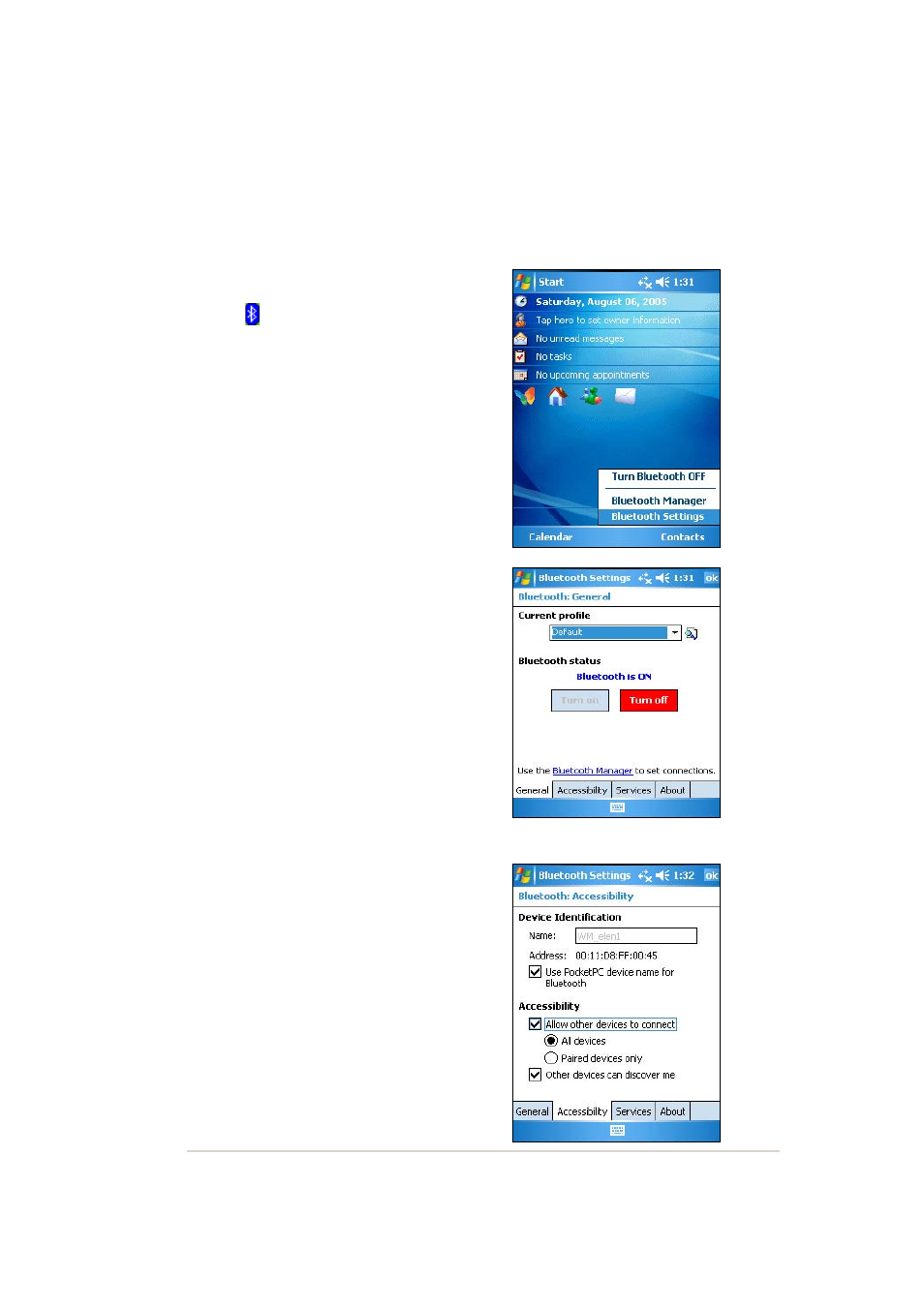 Bluetooth settings, General, Accessibility | Asus MYPAL A636 User Manual | Page 113 / 142