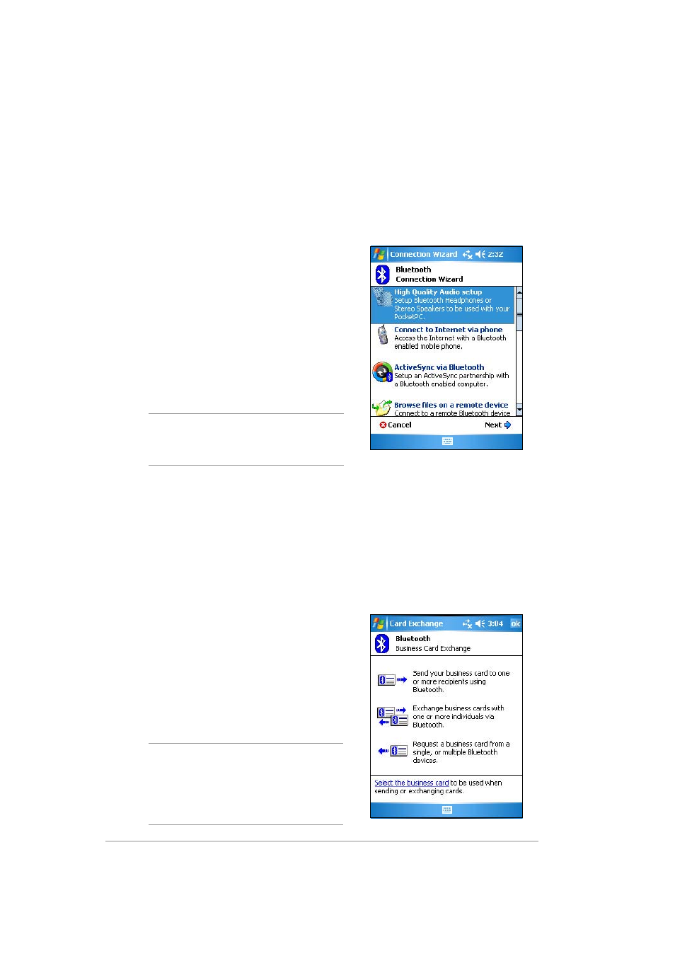 Bluetooth connection wizard, Business card exchange | Asus MYPAL A636 User Manual | Page 116 / 142