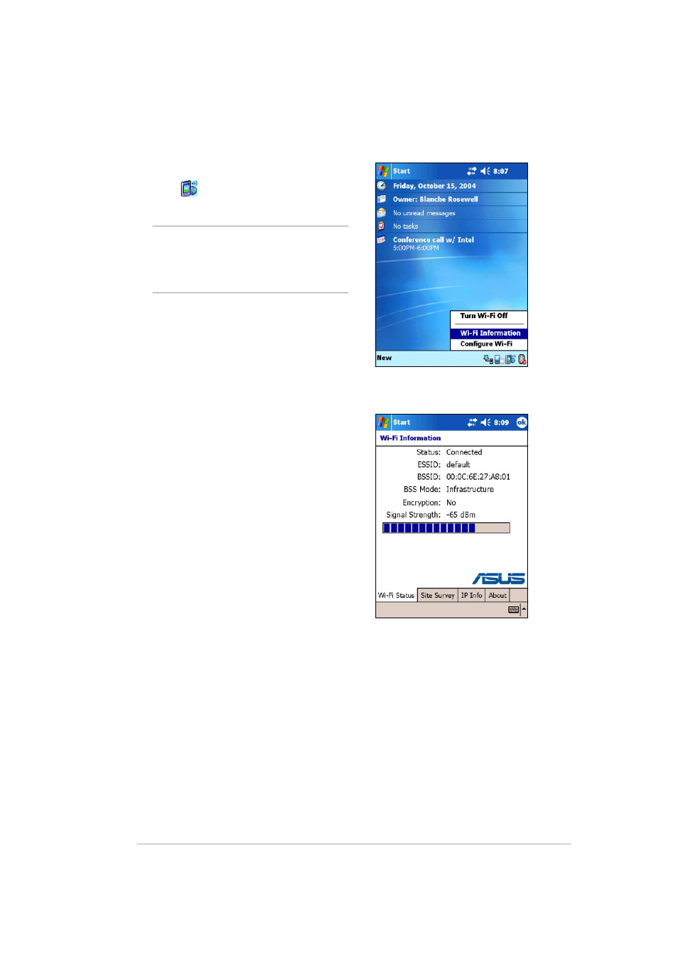 Wi-fi information, Wi-fi status | Asus MYPAL A636 User Manual | Page 133 / 142