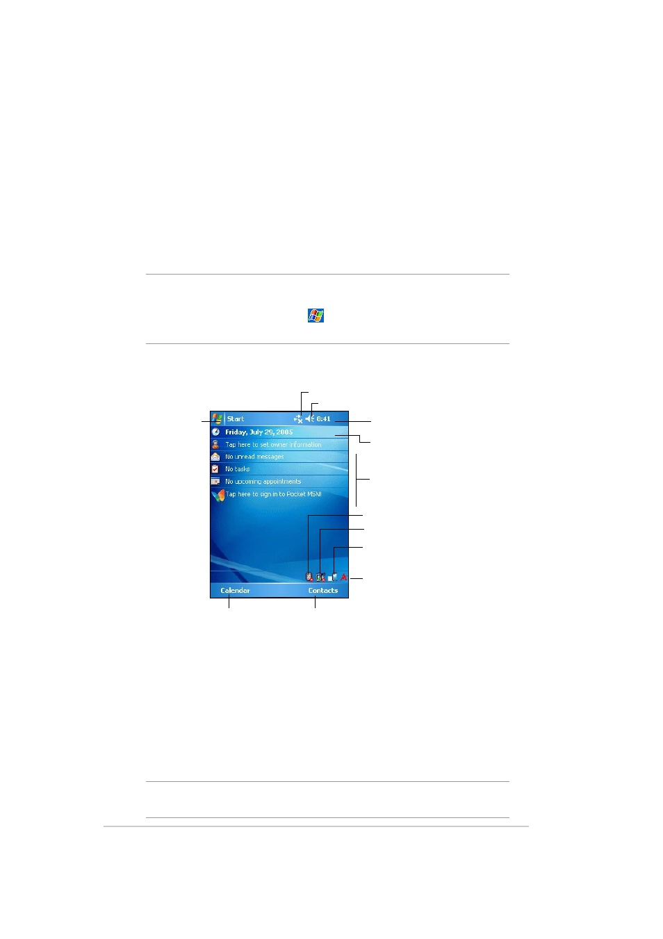 Basic screens on mypal, Today screen, Menu bar | 12 chapter 1 | Asus MYPAL A636 User Manual | Page 18 / 142
