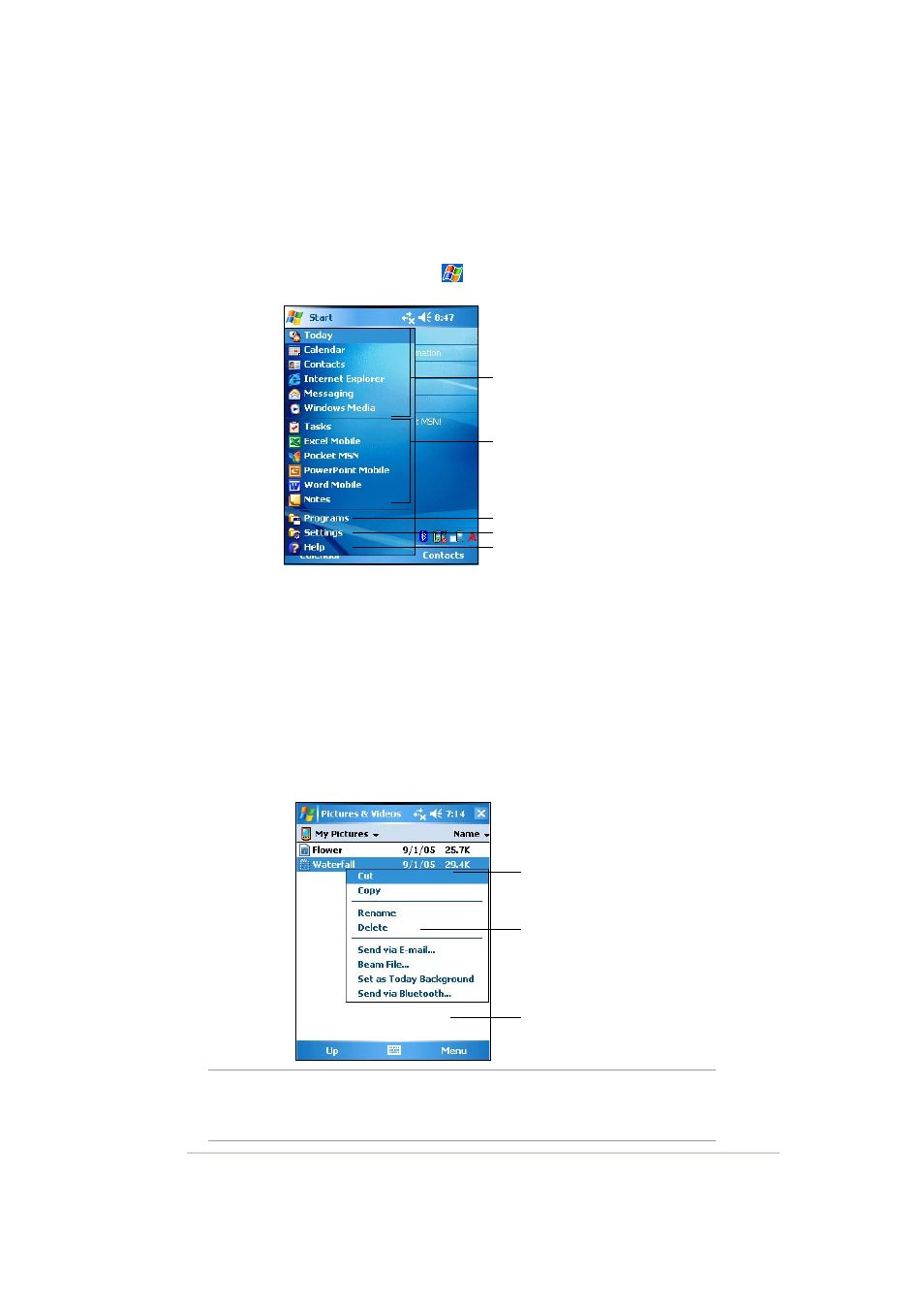 Start menu, Pop-up menus | Asus MYPAL A636 User Manual | Page 19 / 142