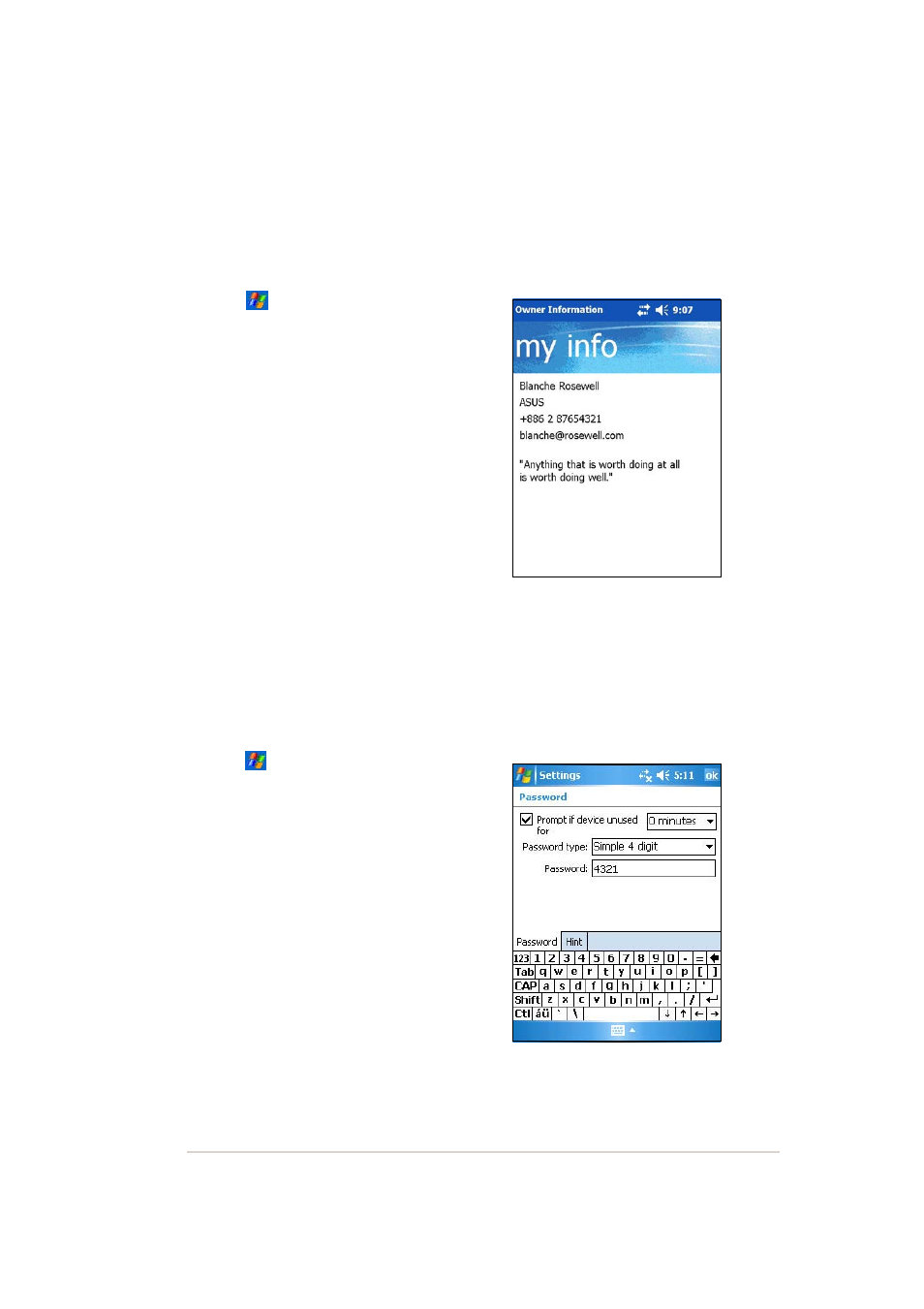 Changing the owner information, Setting a password | Asus MYPAL A636 User Manual | Page 33 / 142
