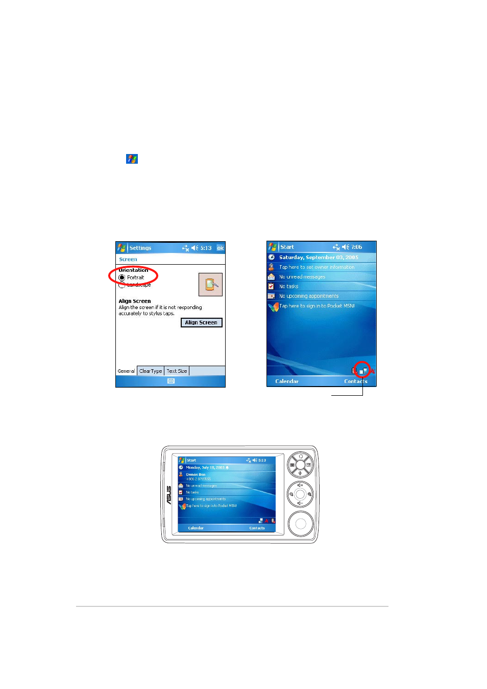 Changing the screen display orientation, Landscape orientation, Portrait orientation | Asus MYPAL A636 User Manual | Page 34 / 142