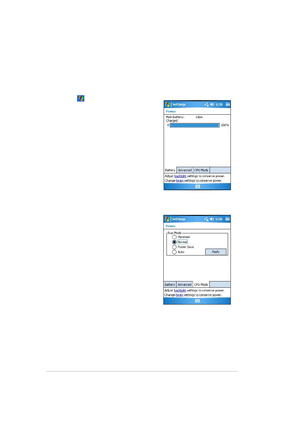 Changing the battery power settings | Asus MYPAL A636 User Manual | Page 38 / 142