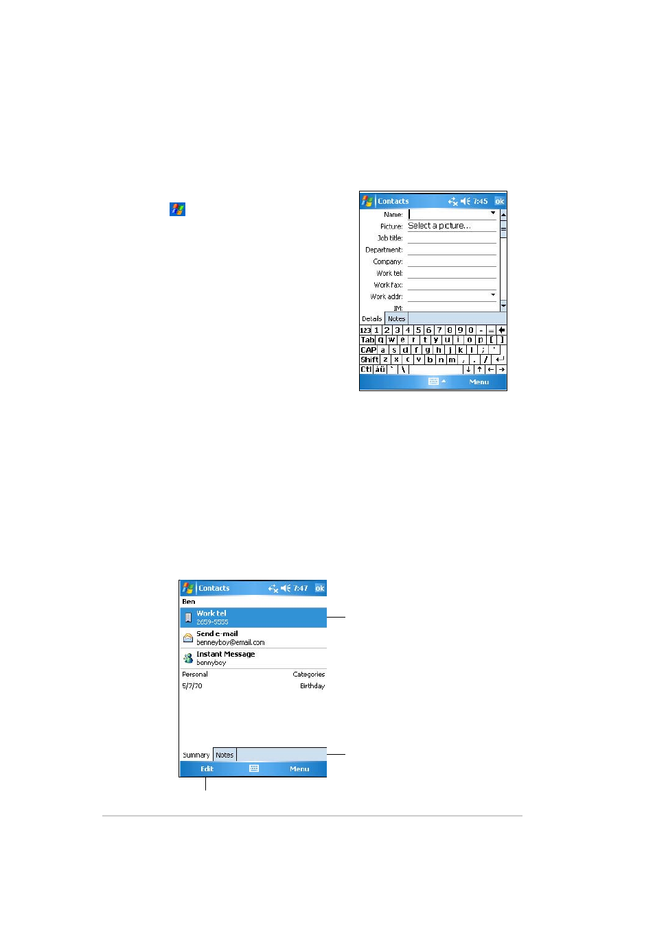 Creating contacts, Using the summary screen | Asus MYPAL A636 User Manual | Page 64 / 142