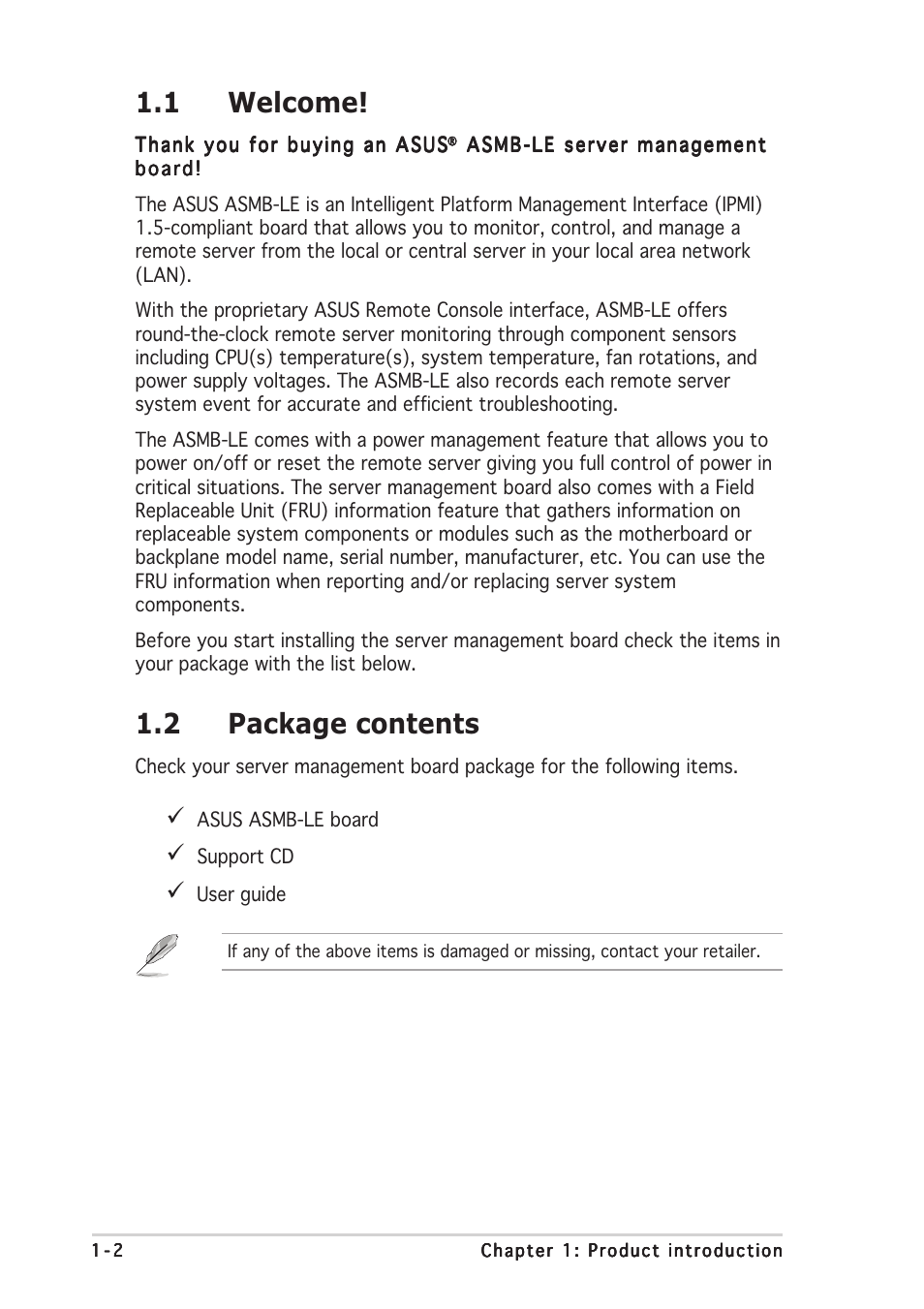 1 welcome, 2 package contents | Asus ASMB-LE User Manual | Page 12 / 52