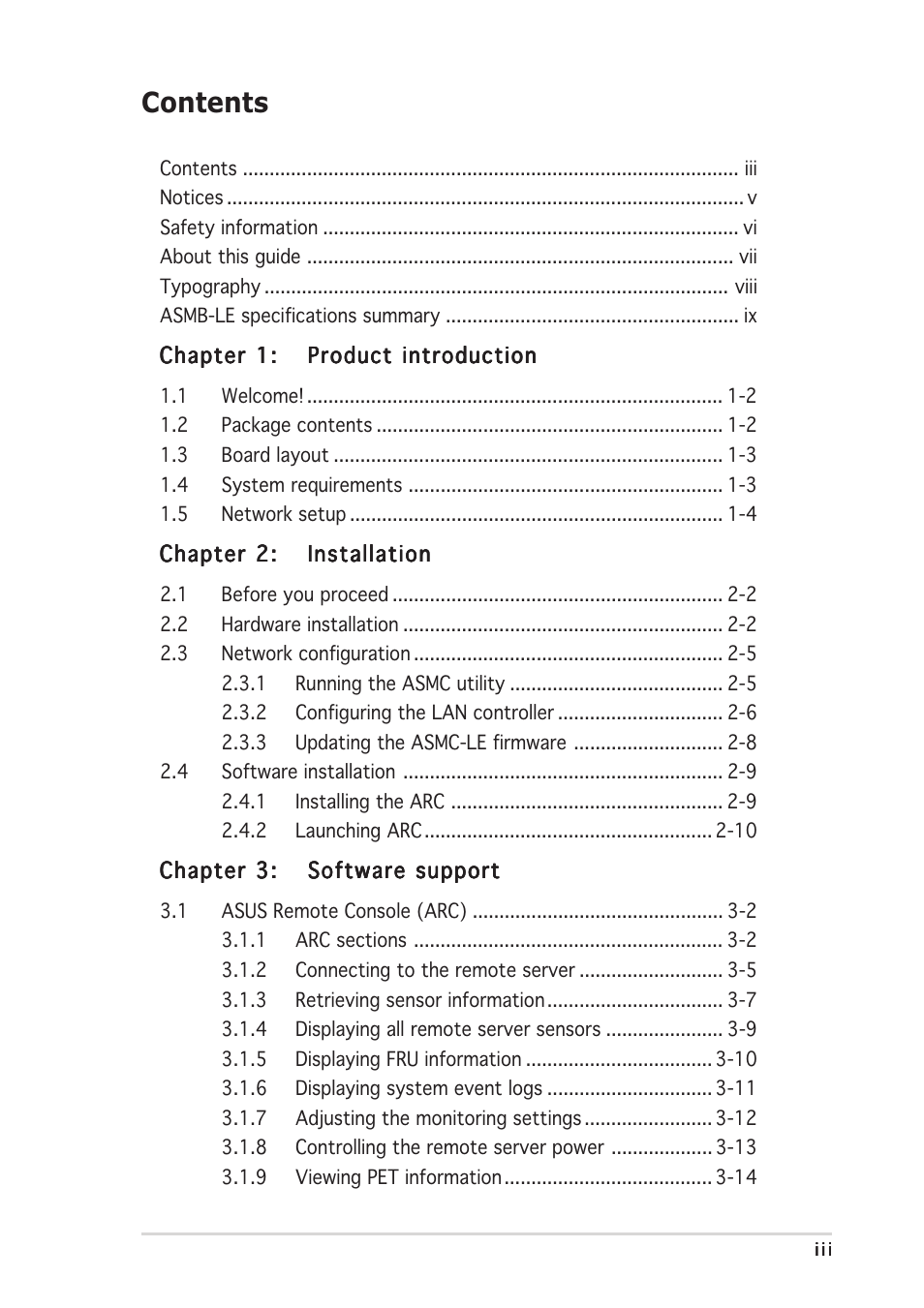 Asus ASMB-LE User Manual | Page 3 / 52