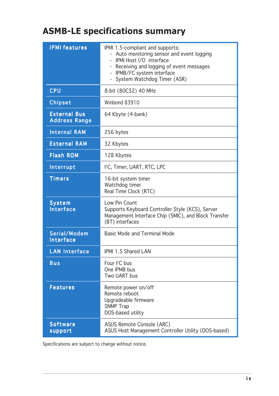Asmb-le specifications summary | Asus ASMB-LE User Manual | Page 9 / 52