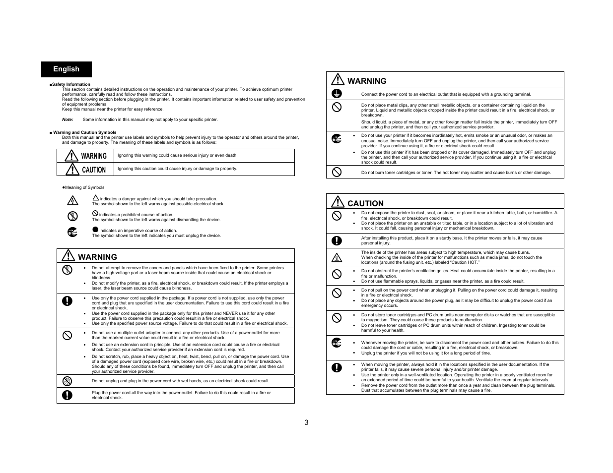 Warning, Caution, 3 english | Konica Minolta magicolor 5570CK User Manual | Page 3 / 42