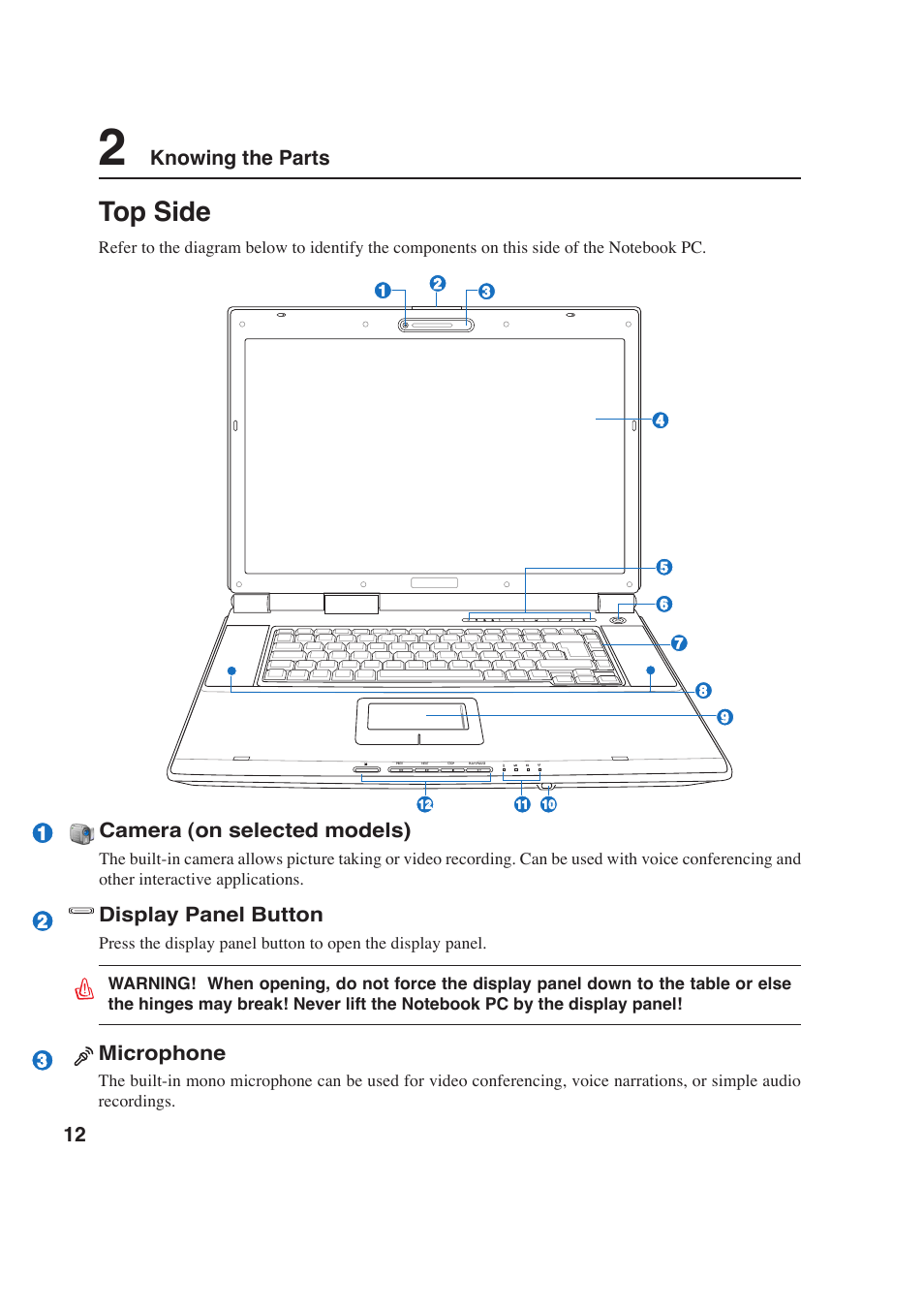 Top side, Knowing the parts, Camera (on selected models) | Microphone, Display panel button | Asus E2643 User Manual | Page 12 / 74