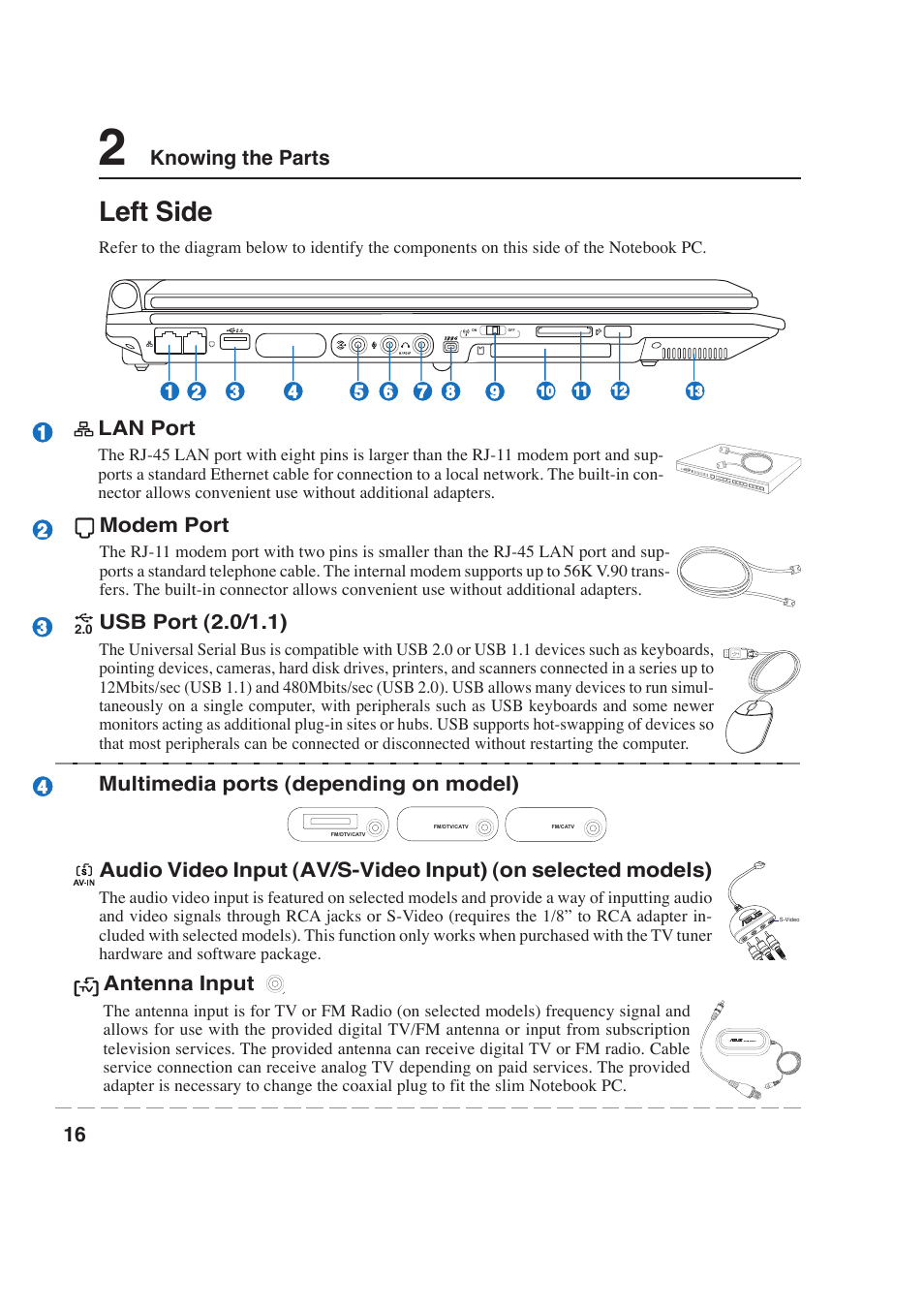 Left side, Knowing the parts, Lan port | Modem port, Antenna input, Usb port (2.0/1.1), Multimedia ports (depending on model) | Asus E2643 User Manual | Page 16 / 74