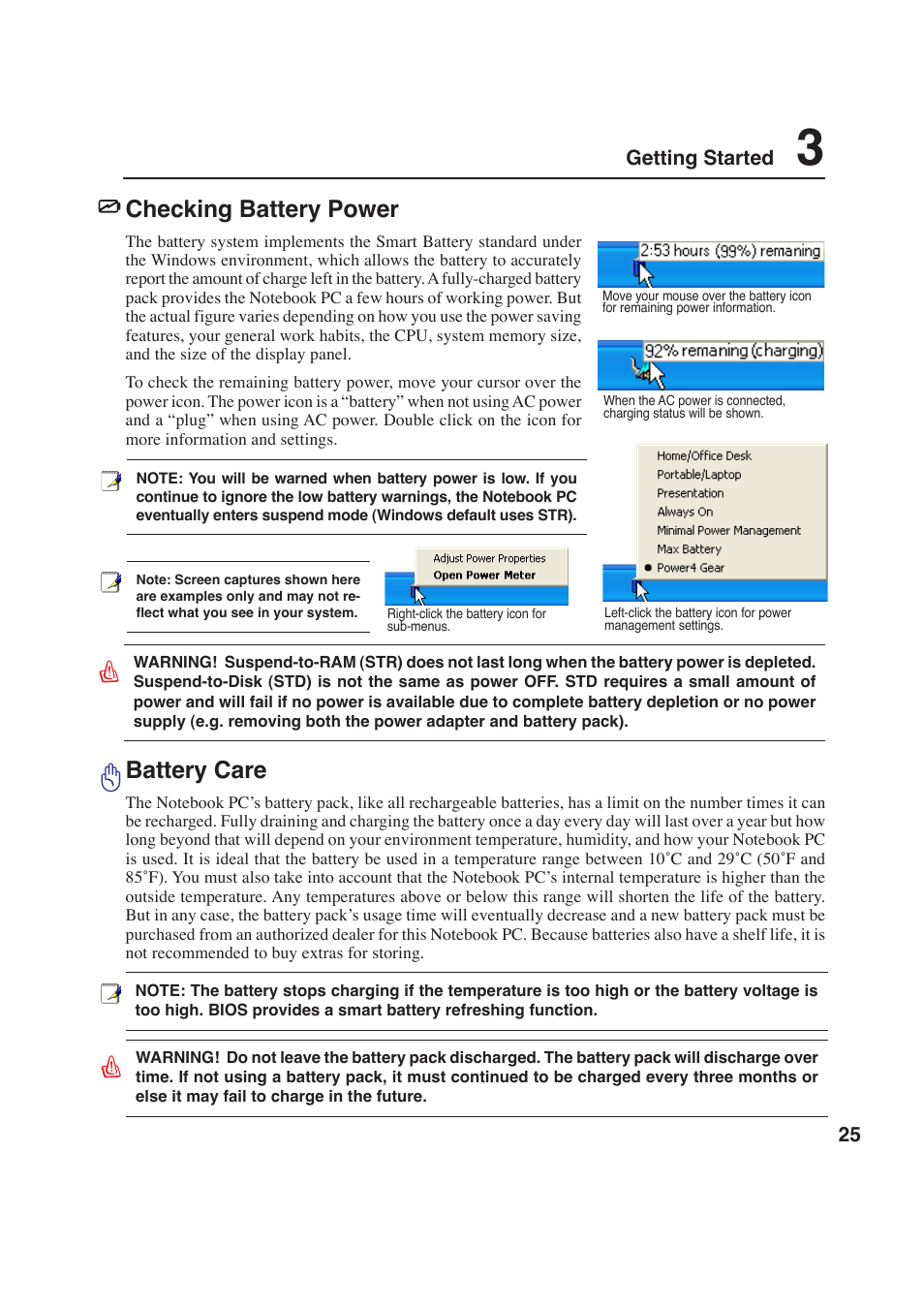 Checking battery power, Battery care | Asus E2643 User Manual | Page 25 / 74