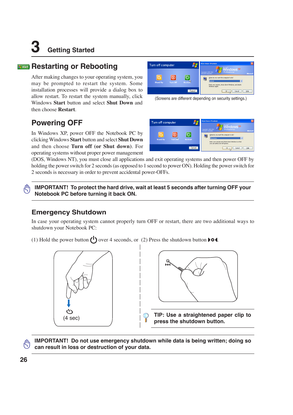 Restarting or rebooting, Powering off | Asus E2643 User Manual | Page 26 / 74
