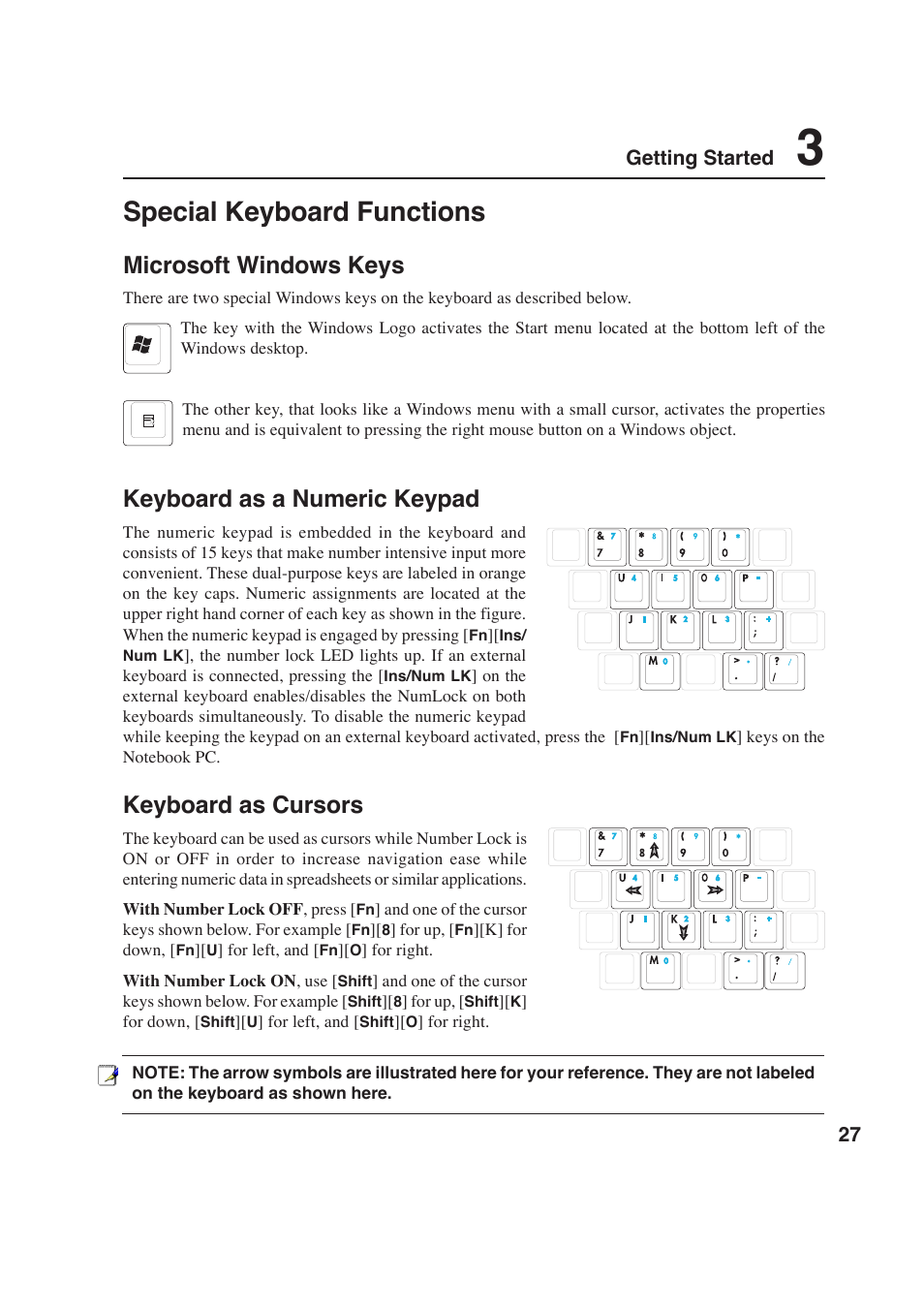 Special keyboard functions, Microsoft windows keys, Keyboard as a numeric keypad | Keyboard as cursors, 27 getting started | Asus E2643 User Manual | Page 27 / 74