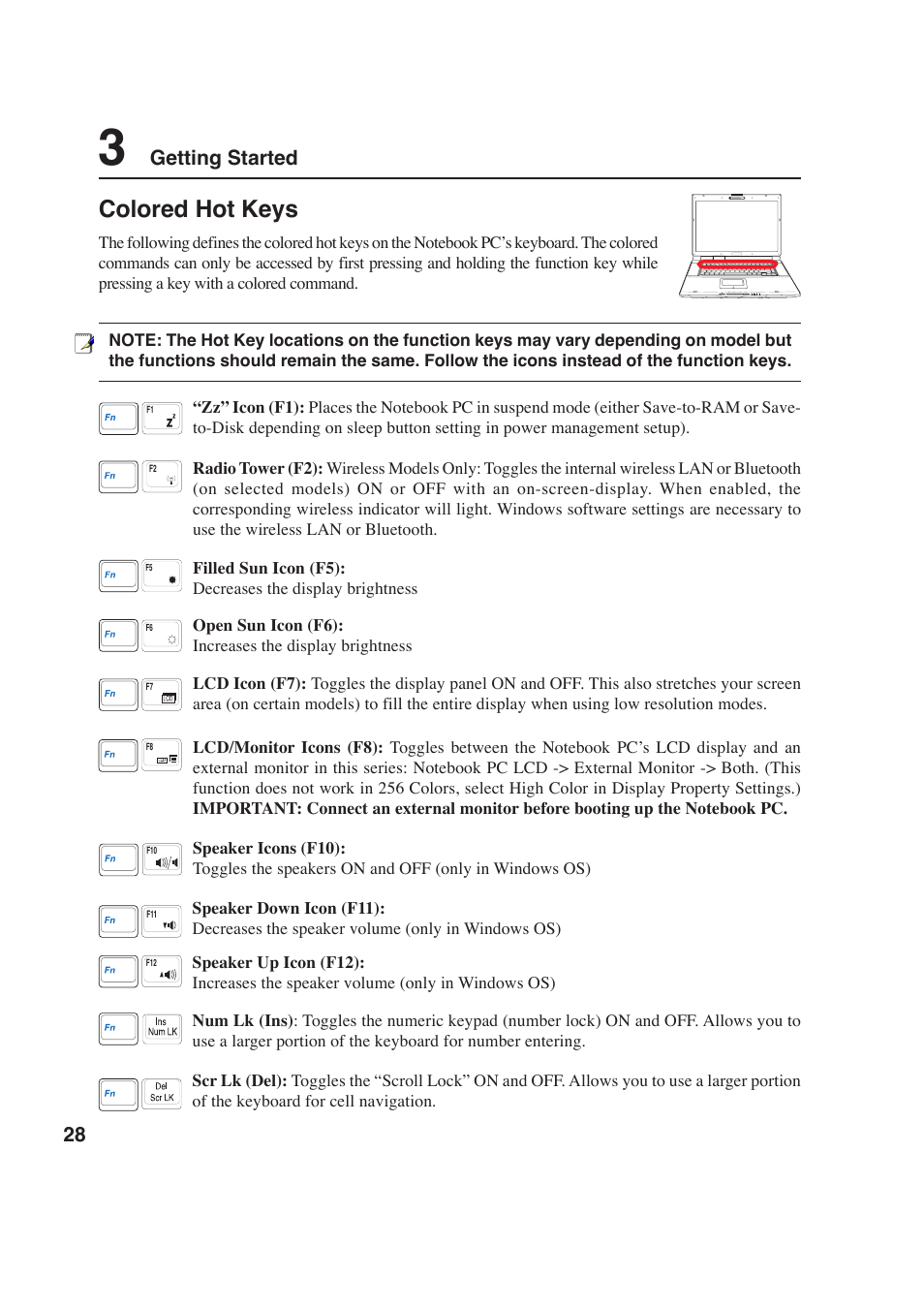 Colored hot keys, Getting started | Asus E2643 User Manual | Page 28 / 74
